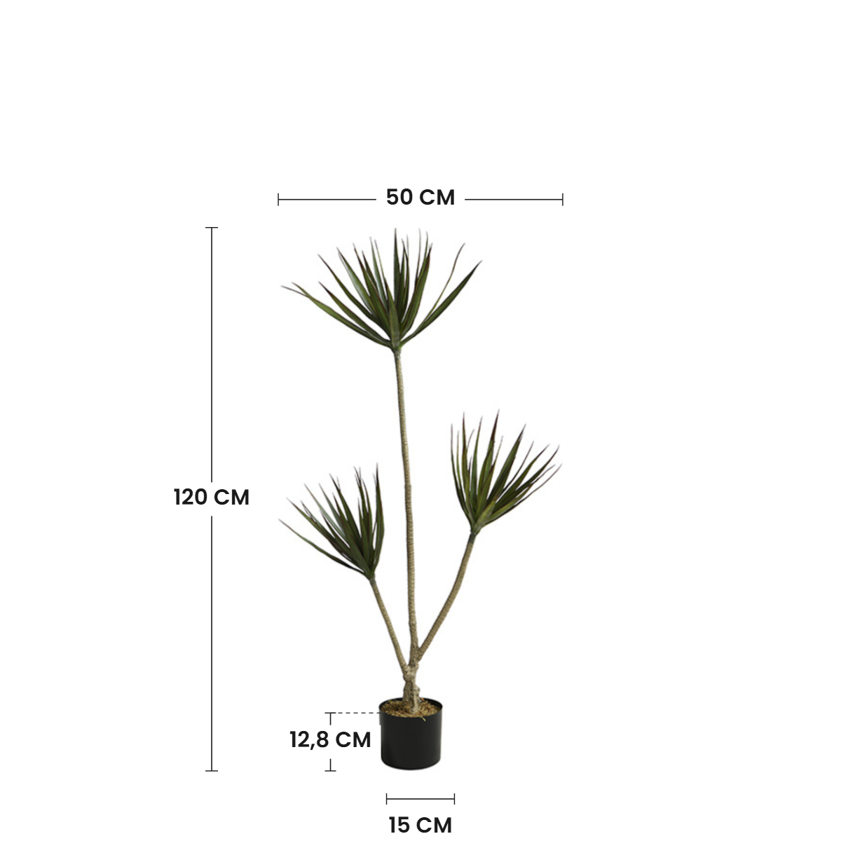 Dimensions de la cordyline artificielle 120 cm : hauteur 120 cm, largeur 50 cm, pot 12,8 cm de hauteur et 15 cm de diamètre