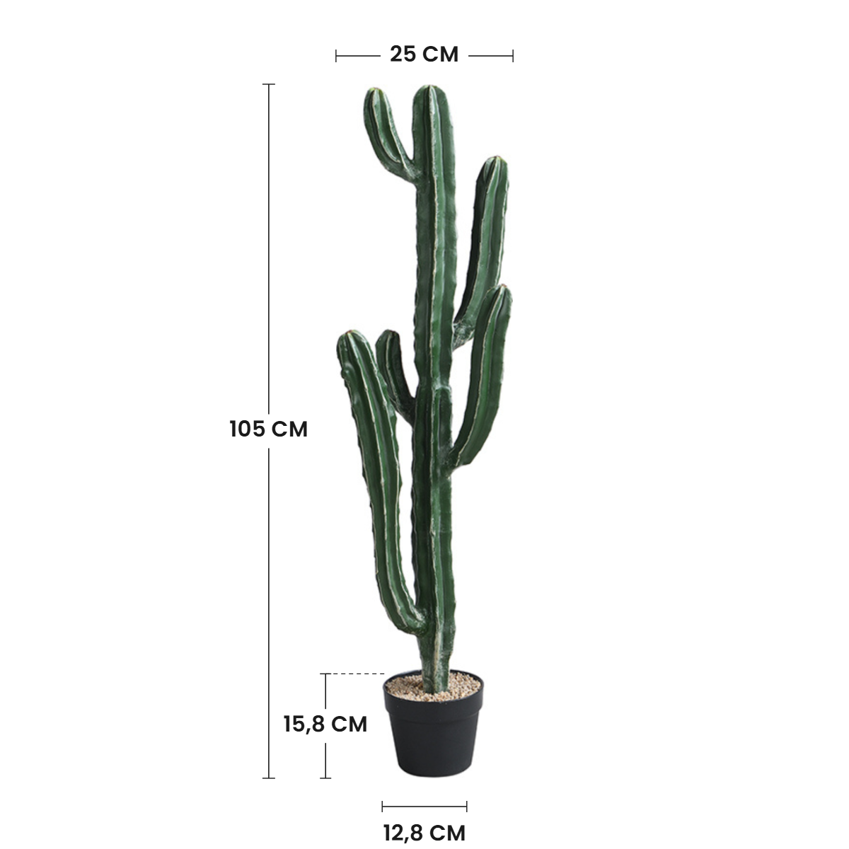 Dimensions du cactus artificiel Cereus 105 cm : hauteur 105 cm, largeur 25 cm, pot 15,8 cm de hauteur et 12,8 cm de diamètre