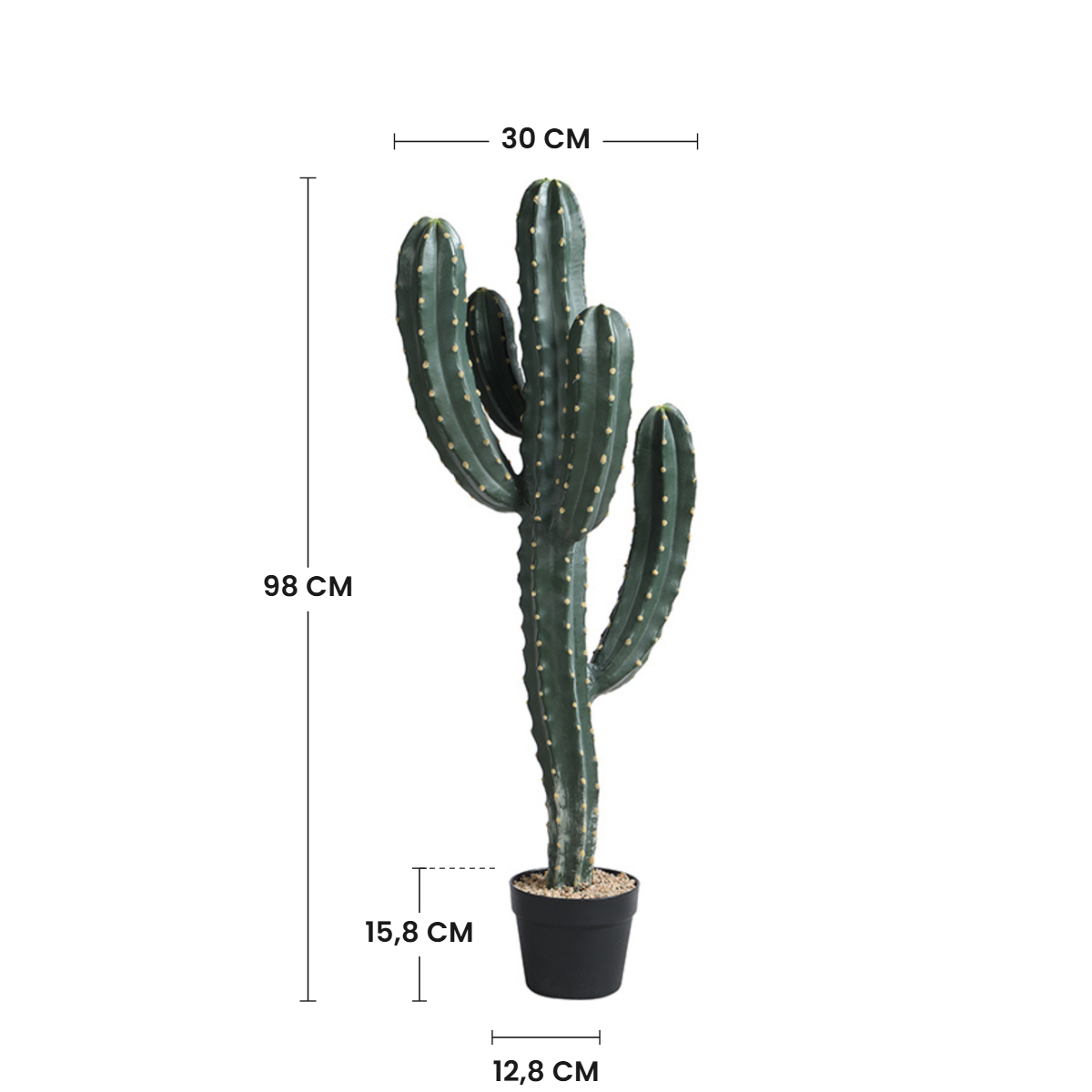 Dimensions du cactus artificiel Cereus 98 cm : hauteur 98 cm, largeur 30 cm, pot 15,8 cm de hauteur et 12,8 cm de diamètre