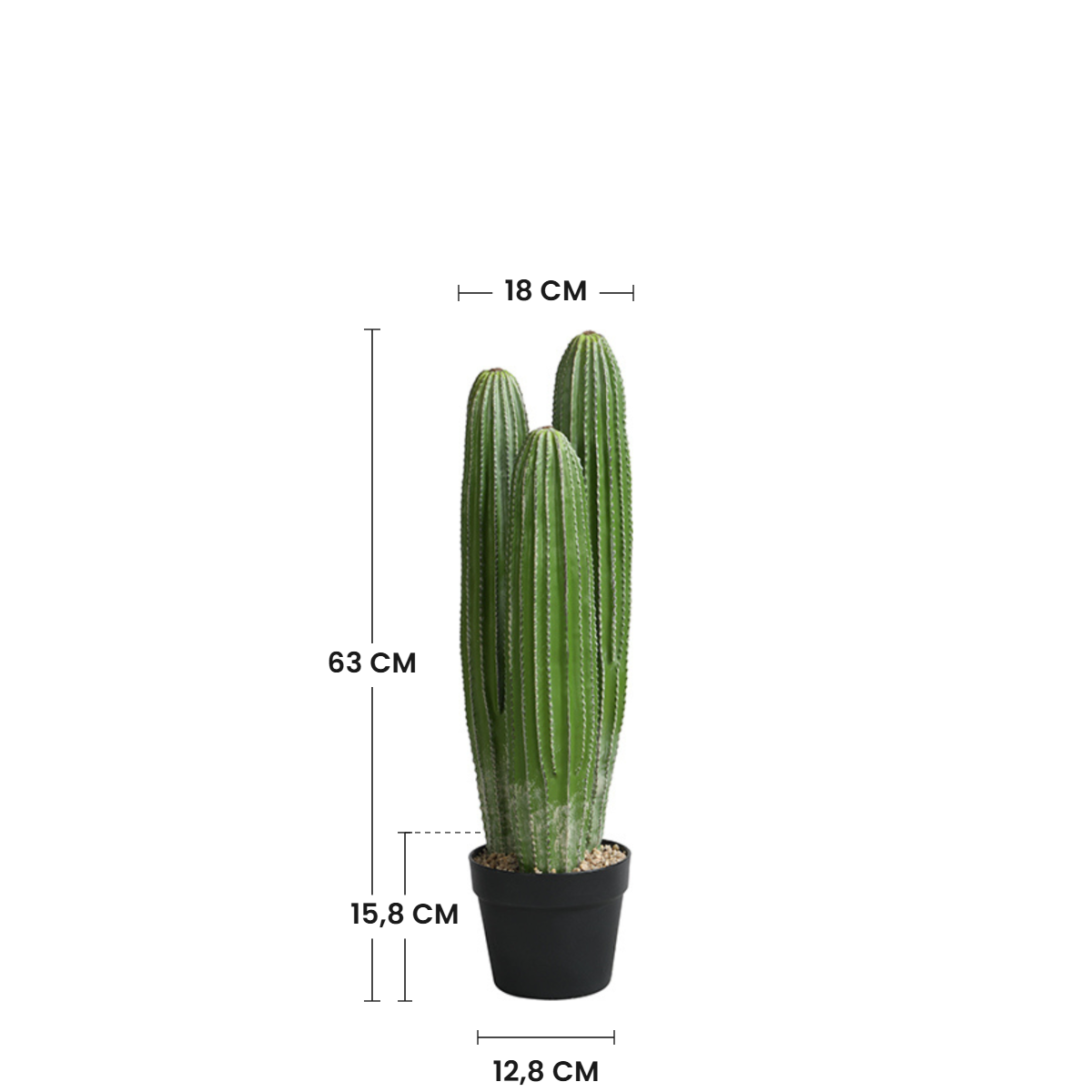 Dimensions du cactus artificiel Cereus 63 cm : hauteur 63 cm, largeur 18 cm, pot 15,8 cm de hauteur et 12,8 cm de diamètre