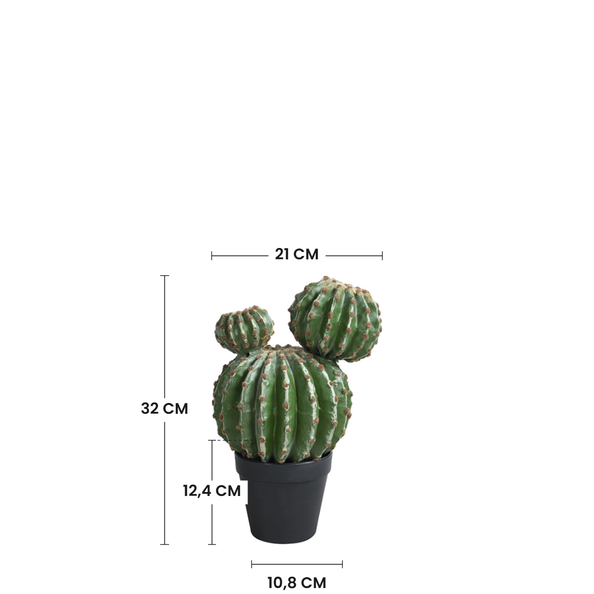 Dimensions du cactus rond artificiel 32 cm : hauteur 32 cm, largeur 21 cm, pot 12,4 cm de hauteur et 10,8 cm de diamètre