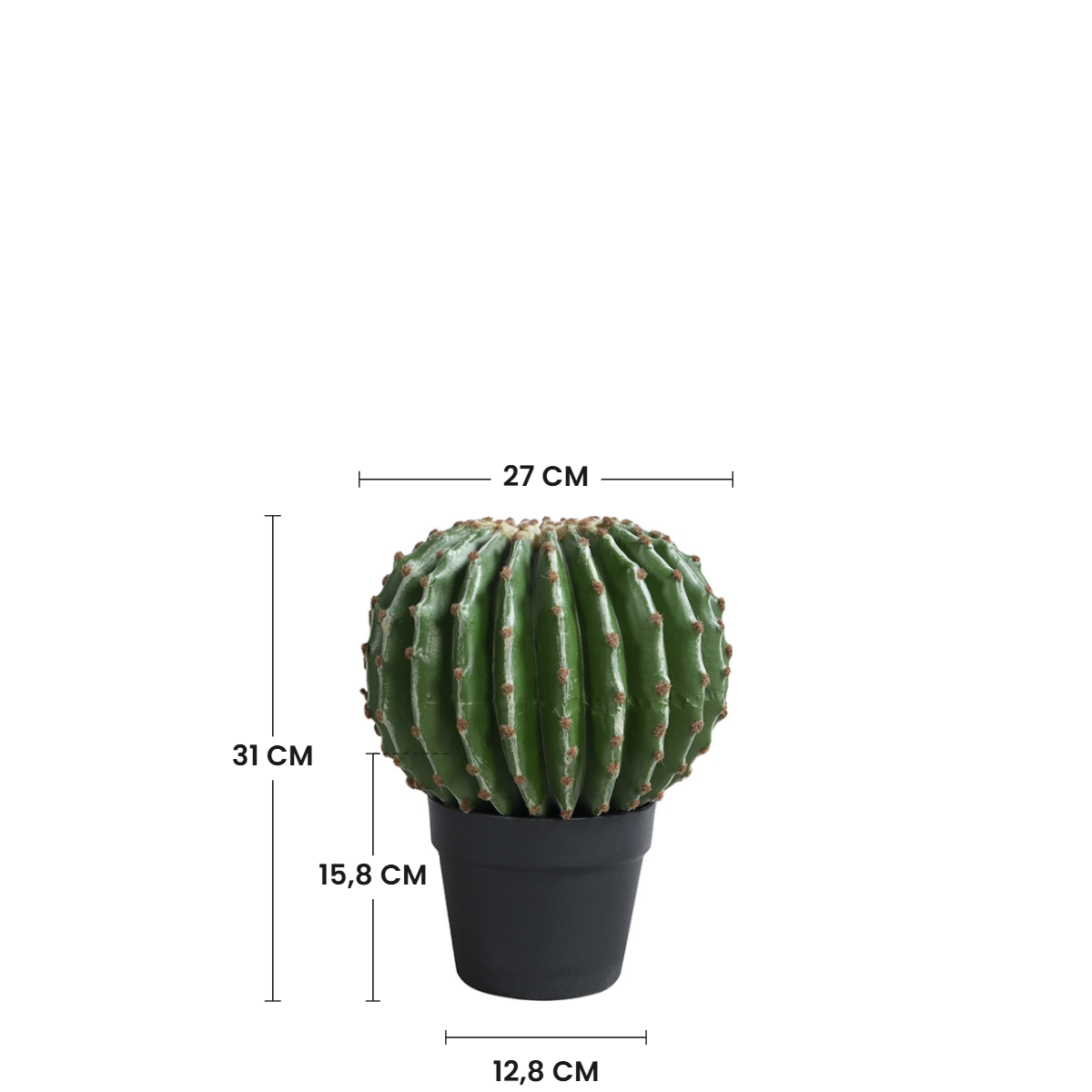 Dimensions du cactus rond artificiel 31 cm : hauteur 31 cm, largeur 27 cm, pot 15,8 cm de hauteur et 12,8 cm de diamètre