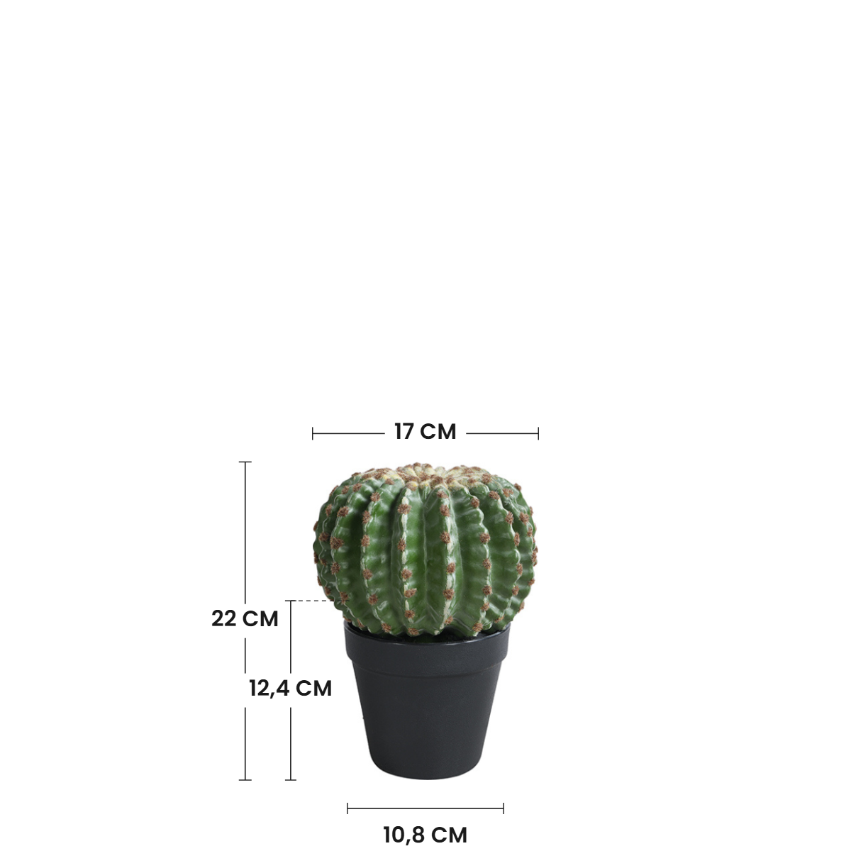 Dimensions du cactus rond artificiel 22 cm : hauteur 22 cm, largeur 17 cm, pot 12,4 cm de hauteur et 10,8 cm de diamètre