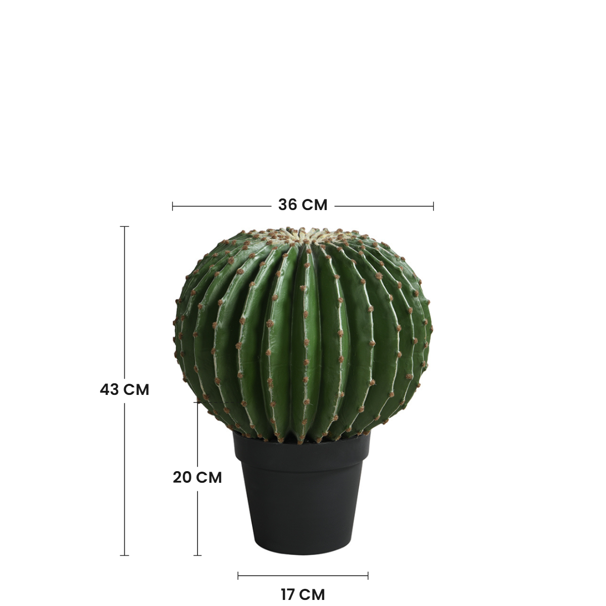 Dimensions du cactus rond artificiel 43 cm : hauteur 43 cm, largeur 36 cm, pot 20 cm de hauteur et 17 cm de diamètre