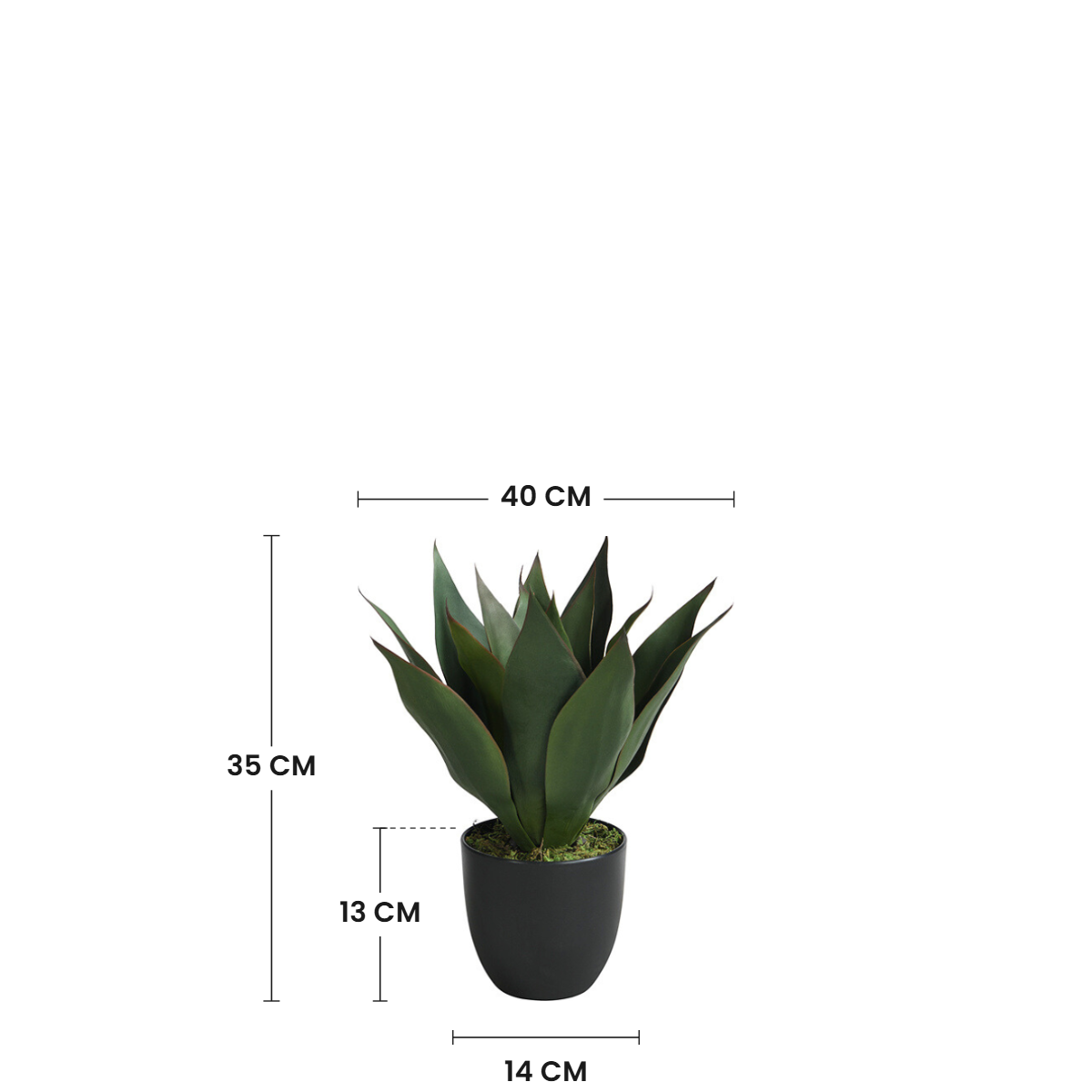 Dimensions de l'agave artificiel 35 cm : hauteur 35 cm, largeur 40 cm, pot 13 cm de hauteur et 14 cm de diamètre