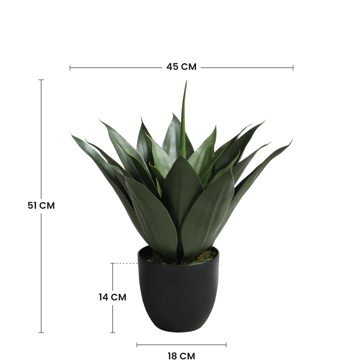 Dimensions de l'agave artificiel 51 cm : hauteur 51 cm, largeur 45 cm, pot 14 cm de hauteur et 18 cm de diamètre
