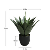 Dimensions de l'agave artificiel 51 cm : hauteur 51 cm, largeur 45 cm, pot 14 cm de hauteur et 18 cm de diamètre