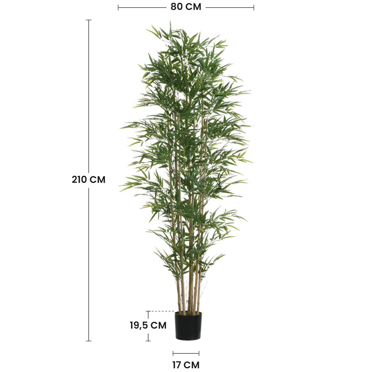 Dimensions du bambou artificiel 210 cm : hauteur 210 cm, largeur 80 cm, pot 19,5 cm de hauteur et 17 cm de diamètre