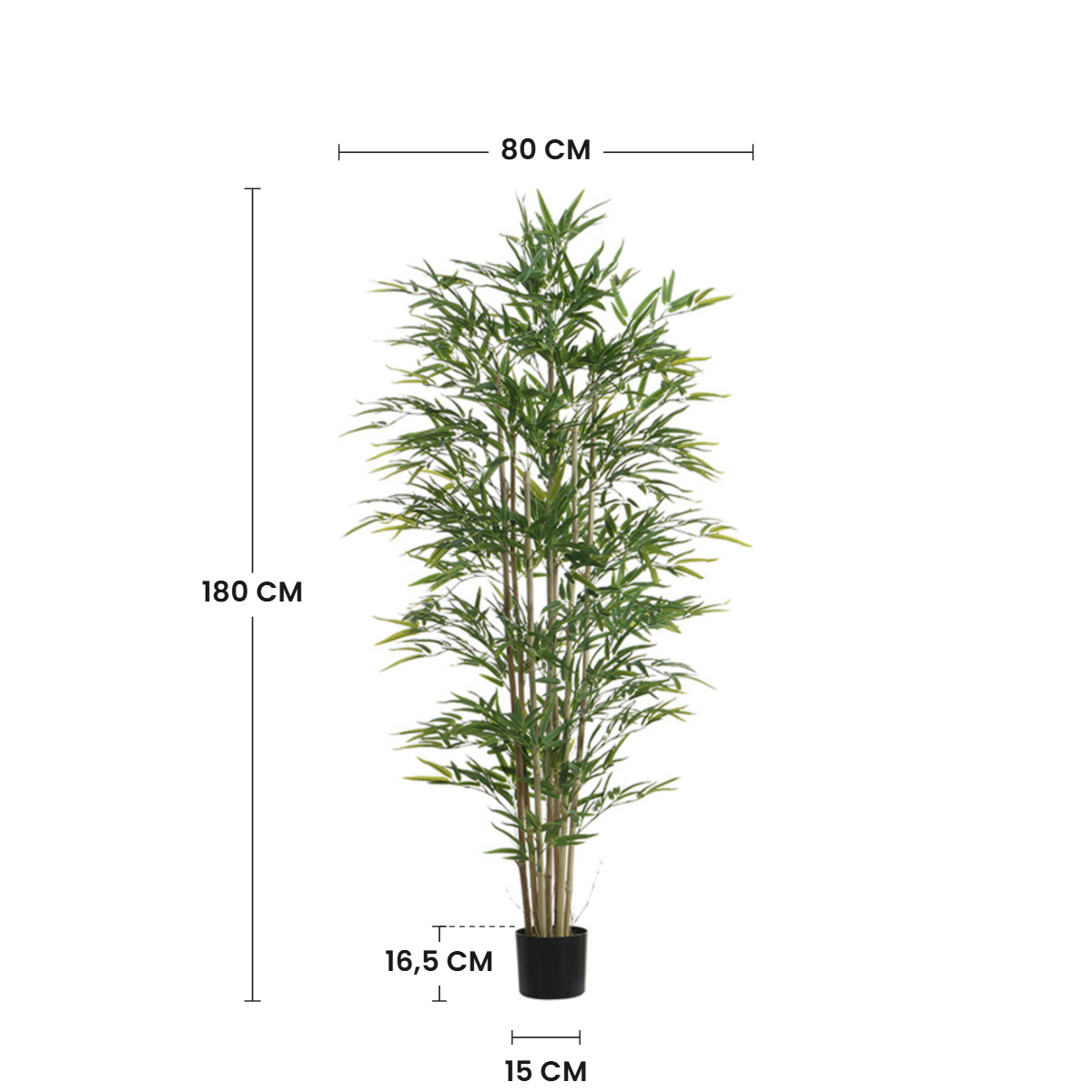 Dimensions du bambou artificiel 180 cm : hauteur 180 cm, largeur 80 cm, pot 16,5 cm de hauteur et 15 cm de diamètre