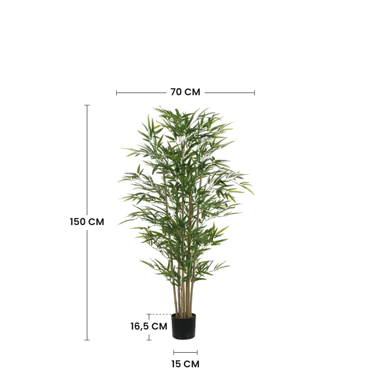 Dimensions du bambou artificiel 150 cm : hauteur 150 cm, largeur 70 cm, pot 16,5 cm de hauteur et 15 cm de diamètre