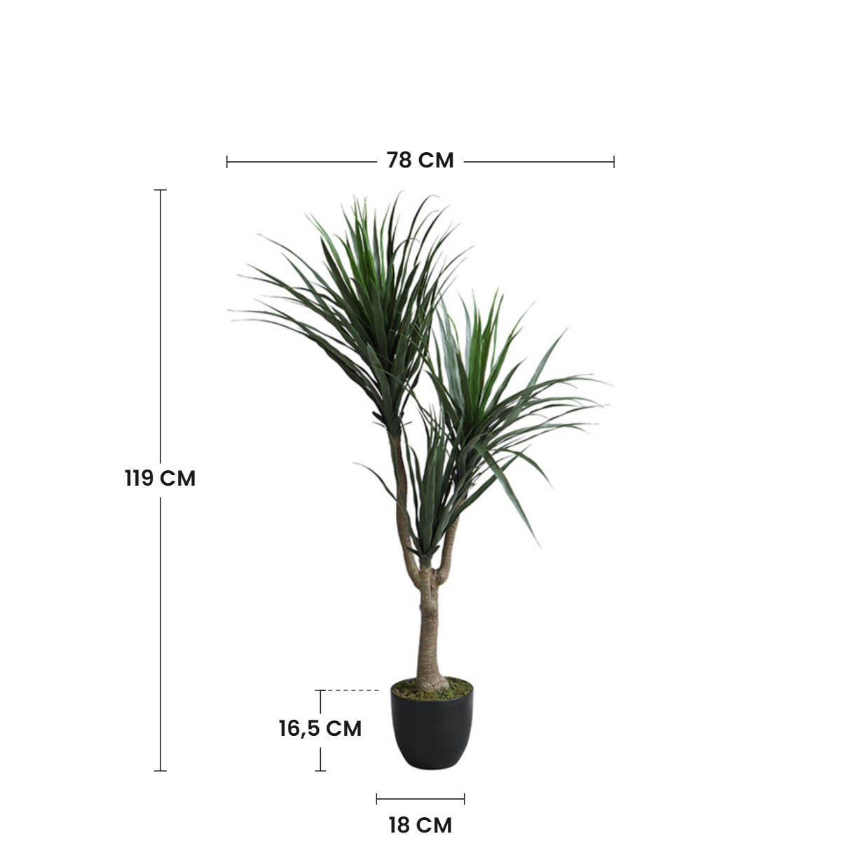 Dimensions du dracaena artificiel 119 cm : hauteur 119 cm, largeur 78 cm, pot 16,5 cm de hauteur et 18 cm de diamètre