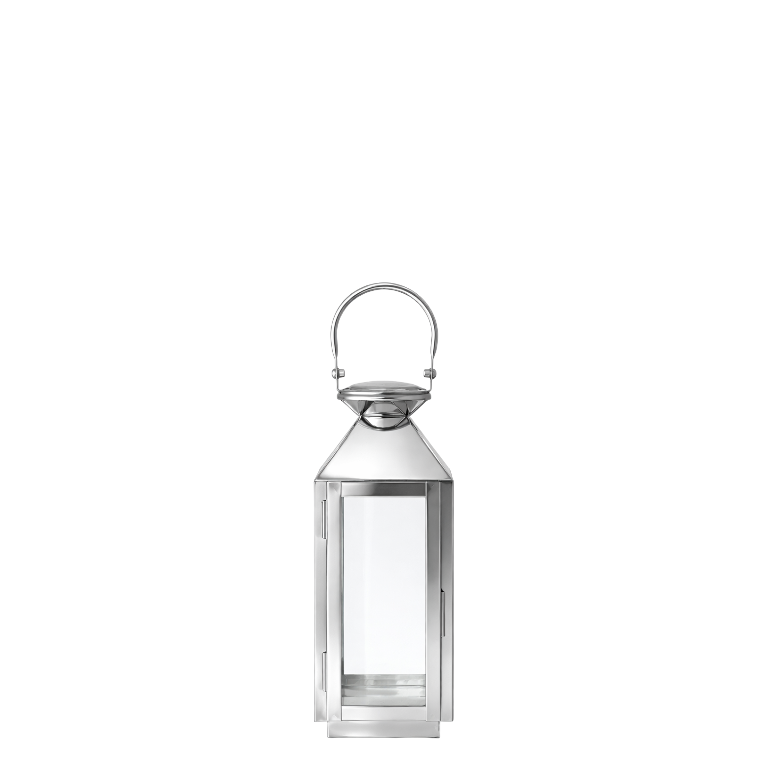Lanterne en métal brillant argenté avec anse arrondie avec fenêtre en verre transparent
