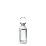 Lanterne en métal brillant argenté avec anse arrondie avec fenêtre en verre transparent