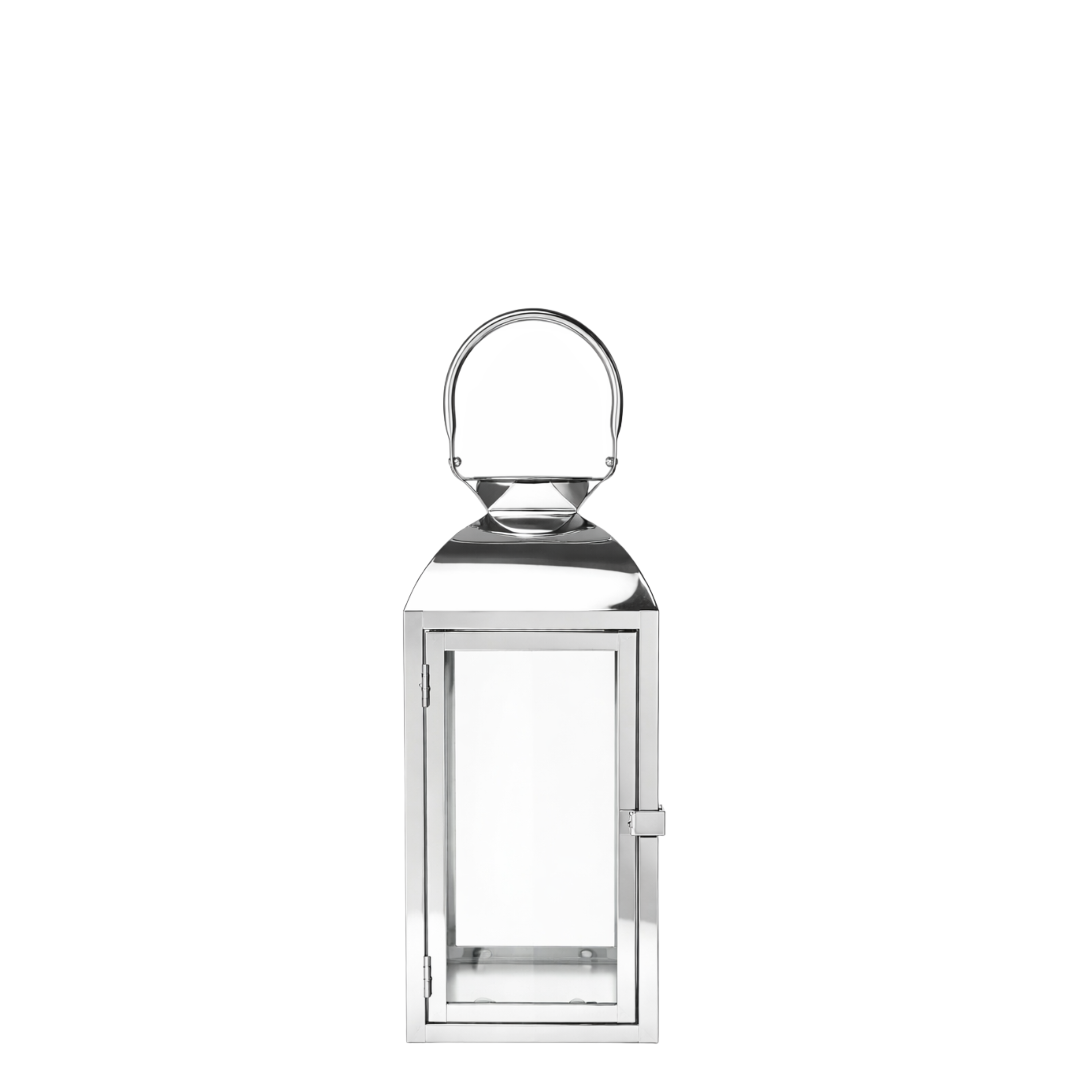 Lanterne en métal brillant argenté avec anse arrondie, dessus arrondi et avec fenêtre en verre transparent