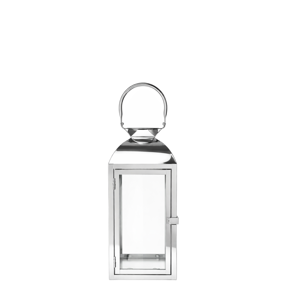 Lanterne en métal brillant argenté avec anse arrondie, dessus arrondi et avec fenêtre en verre transparent