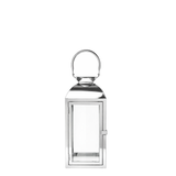 Lanterne en métal brillant argenté avec anse arrondie, dessus arrondi et avec fenêtre en verre transparent