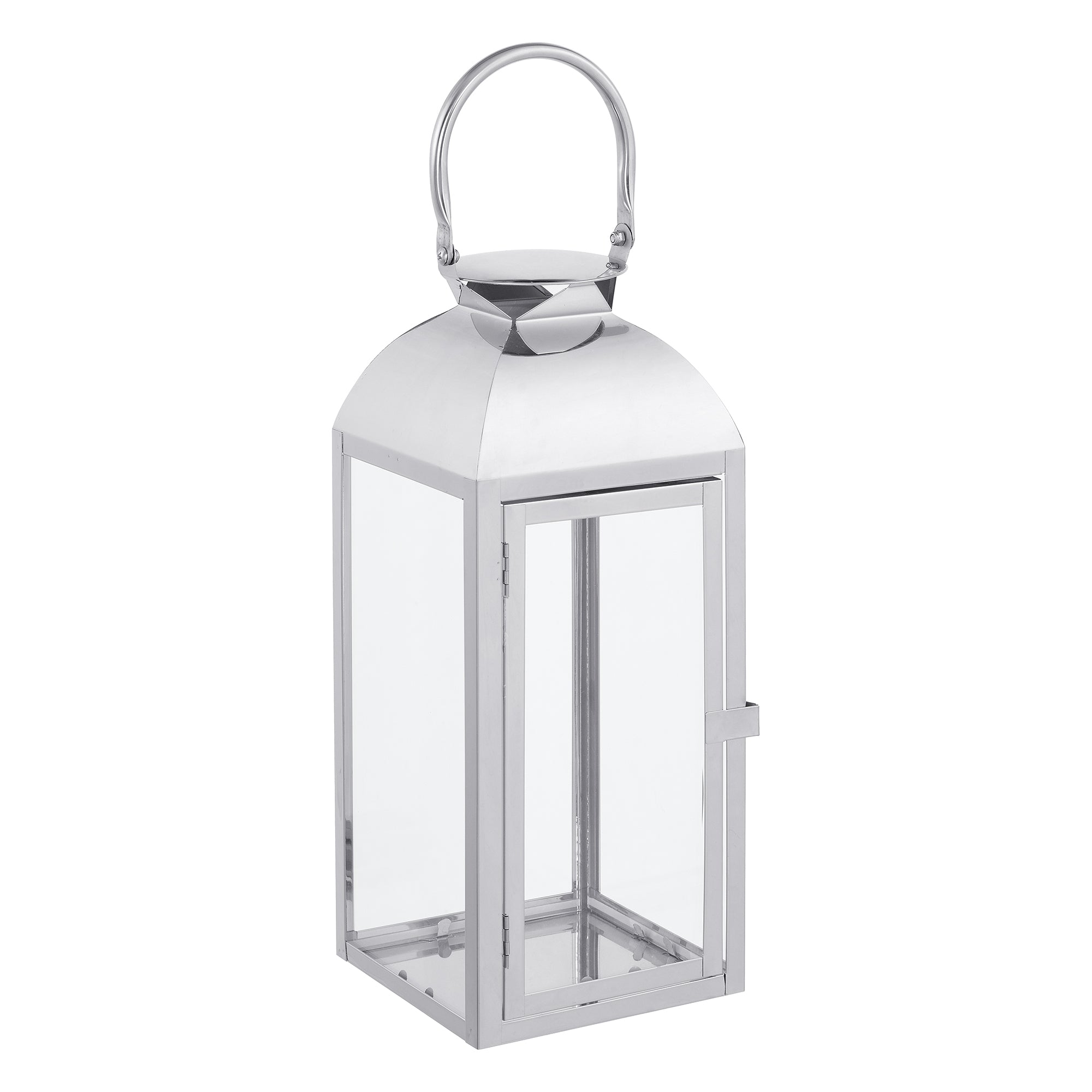Lanterne en métal brillant argenté avec anse arrondie, dessus plat et avec fenêtre en verre transparent