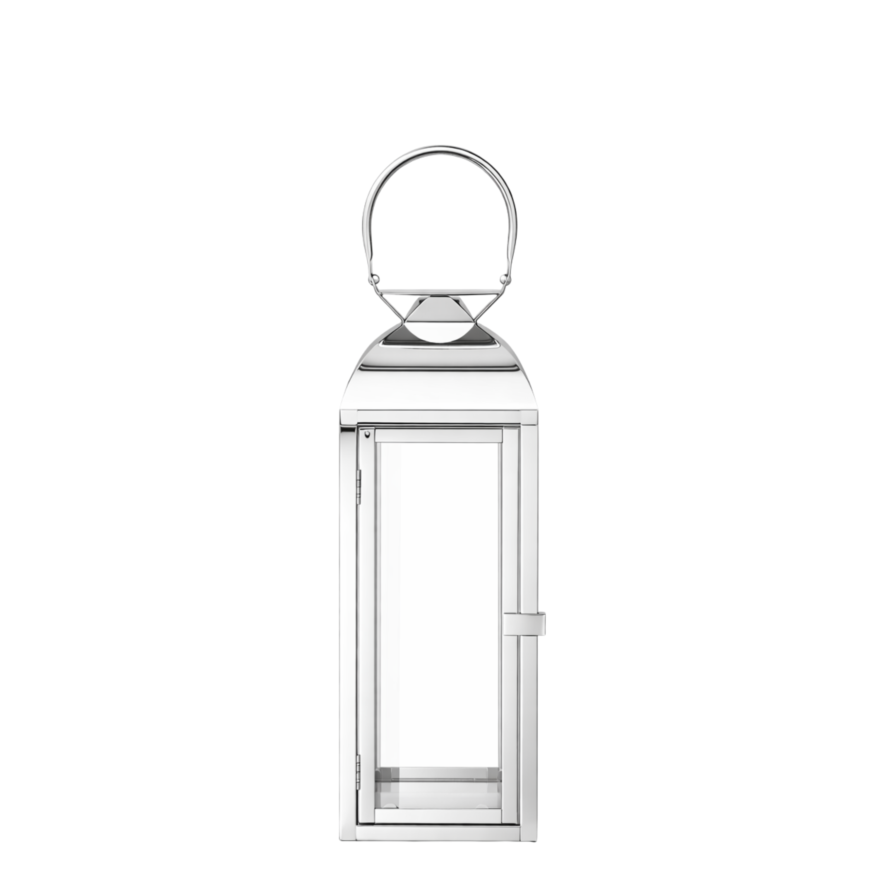 Lanterne en métal brillant argenté avec anse arrondie, dessus arrondi et avec fenêtre en verre transparent