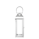 Lanterne en métal brillant argenté avec anse arrondie, dessus arrondi et avec fenêtre en verre transparent