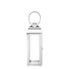 Lanterne en métal brillant argenté avec anse arrondie, dessus arrondi et avec fenêtre en verre transparent