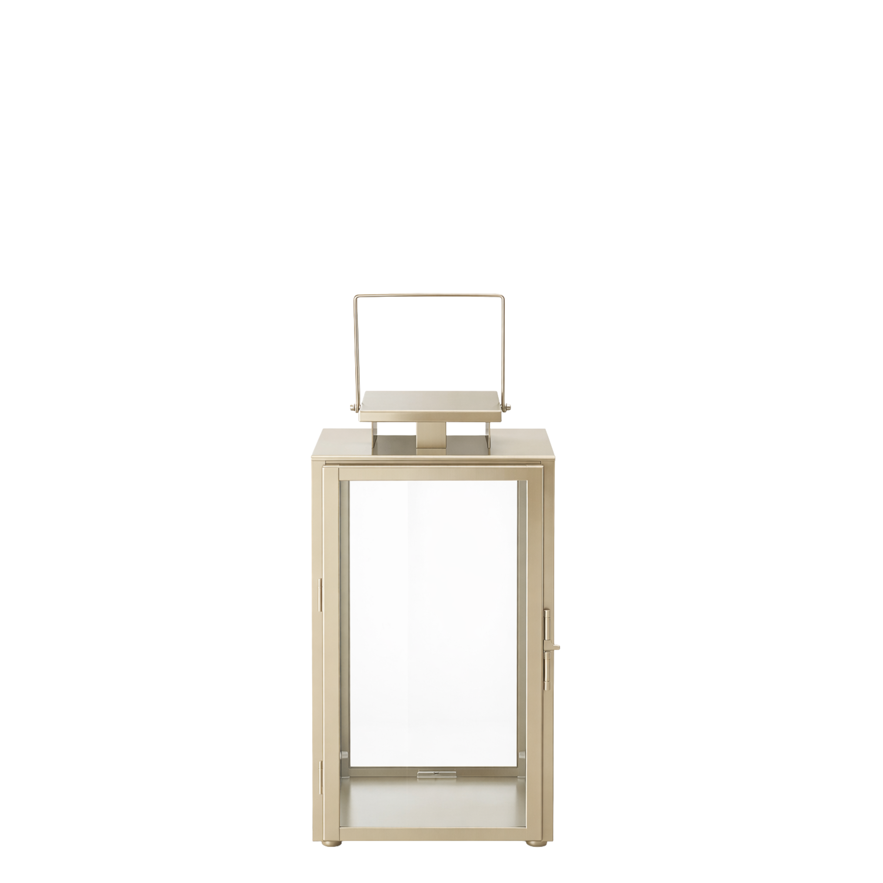Lanterne en métal mat effet brossé doré avec anse carrée, dessus carré et plat. Avec fenêtres transparentes en verre. Structure dorée en acier inoxydable. 