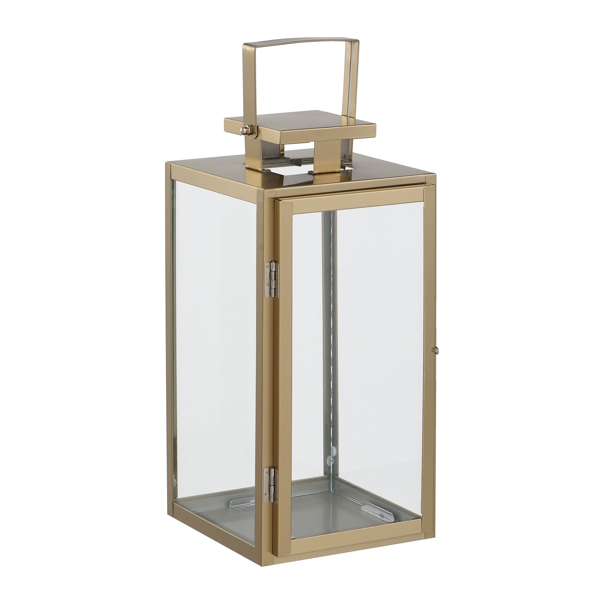 Lanterne en métal mat effet brossé doré avec anse carrée, dessus carré et plat. Avec fenêtres transparentes en verre. Structure dorée en acier inoxydable. 