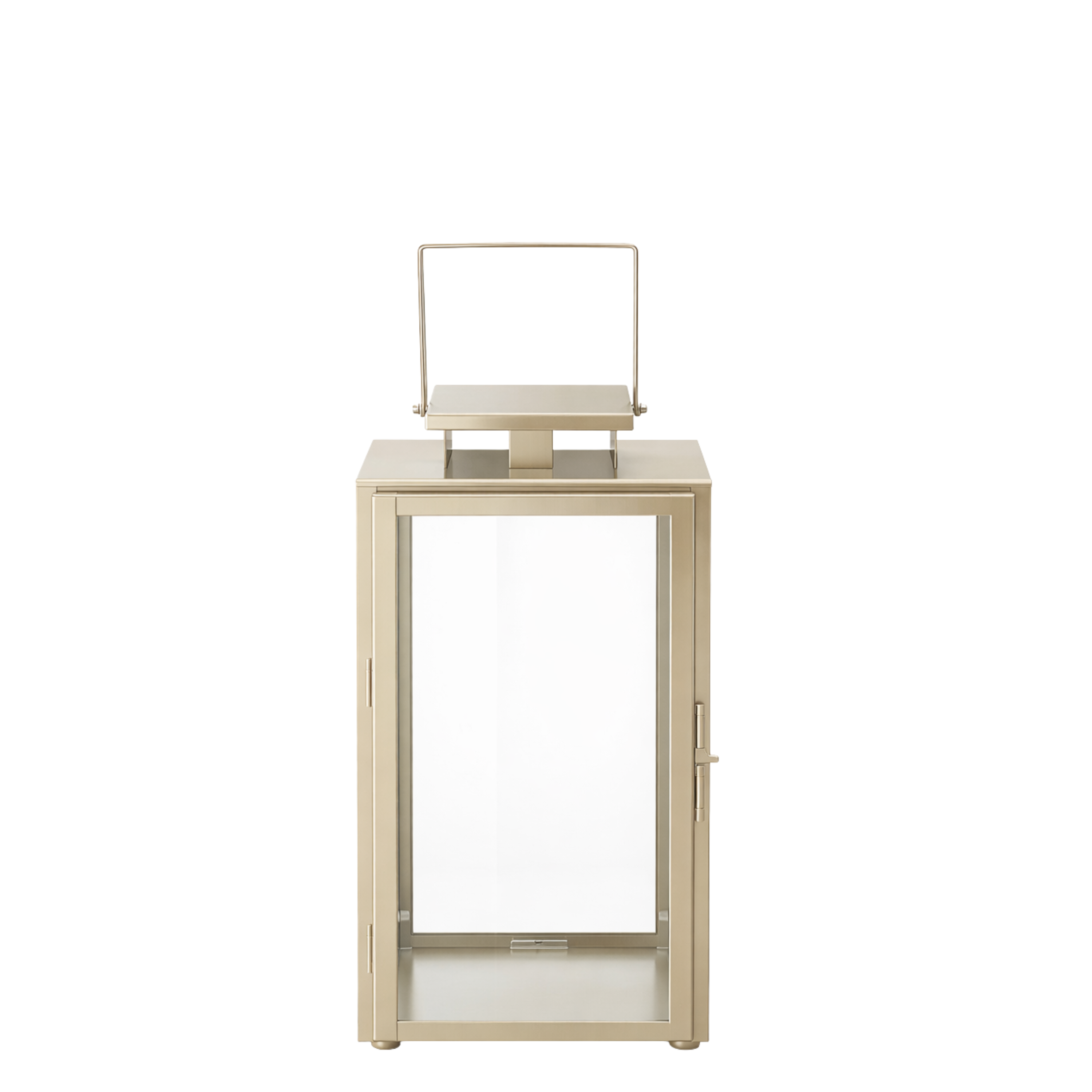 Lanterne en métal mat effet brossé doré avec anse carrée, dessus carré et plat. Avec fenêtres transparentes en verre. Structure dorée en acier inoxydable. 