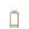 Lanterne en métal mat effet brossé doré avec anse carrée, dessus carré et plat. Avec fenêtres transparentes en verre. Structure dorée en acier inoxydable. 