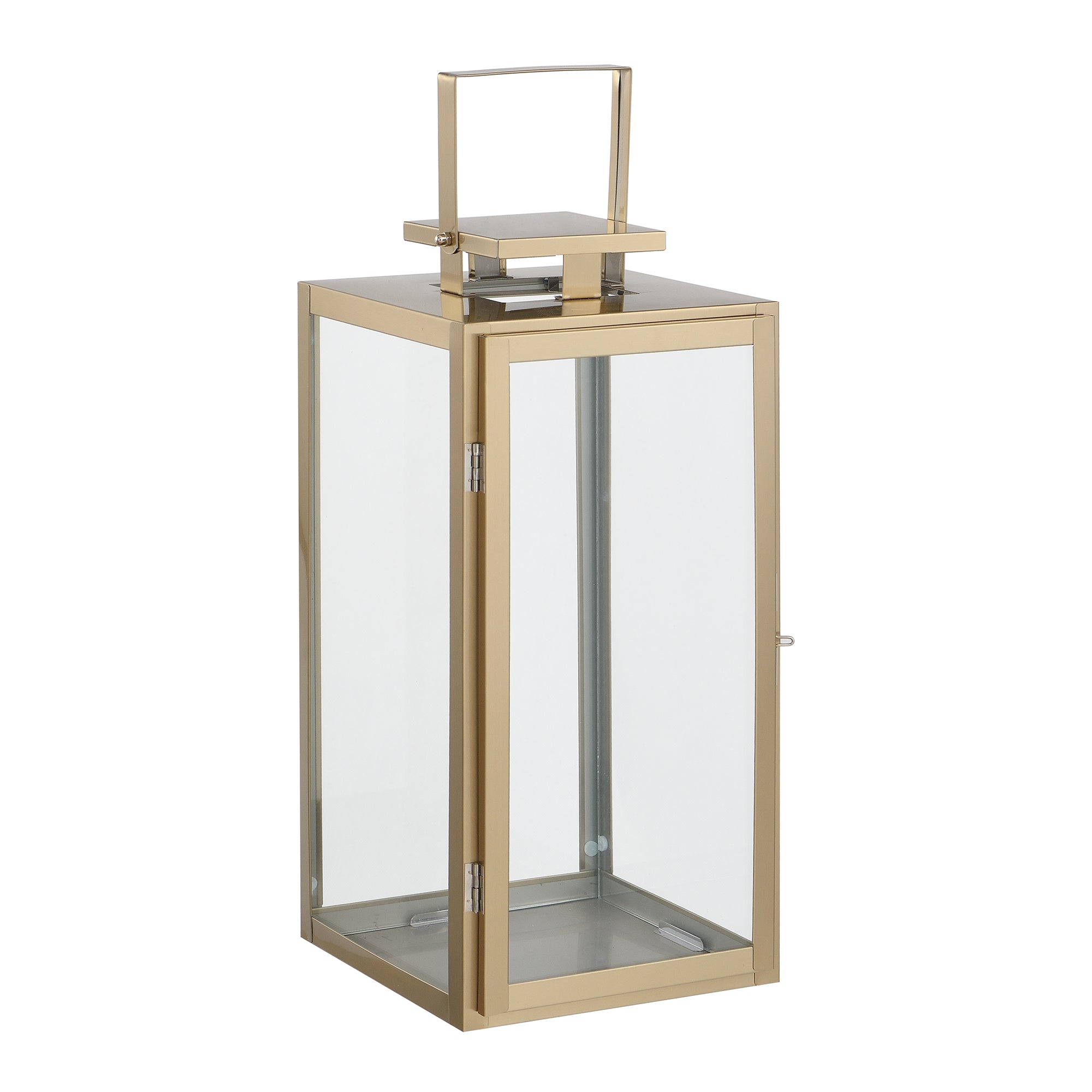 Lanterne en métal mat effet brossé doré avec anse carrée, dessus carré et plat. Avec fenêtres transparentes en verre. Structure dorée en acier inoxydable. 