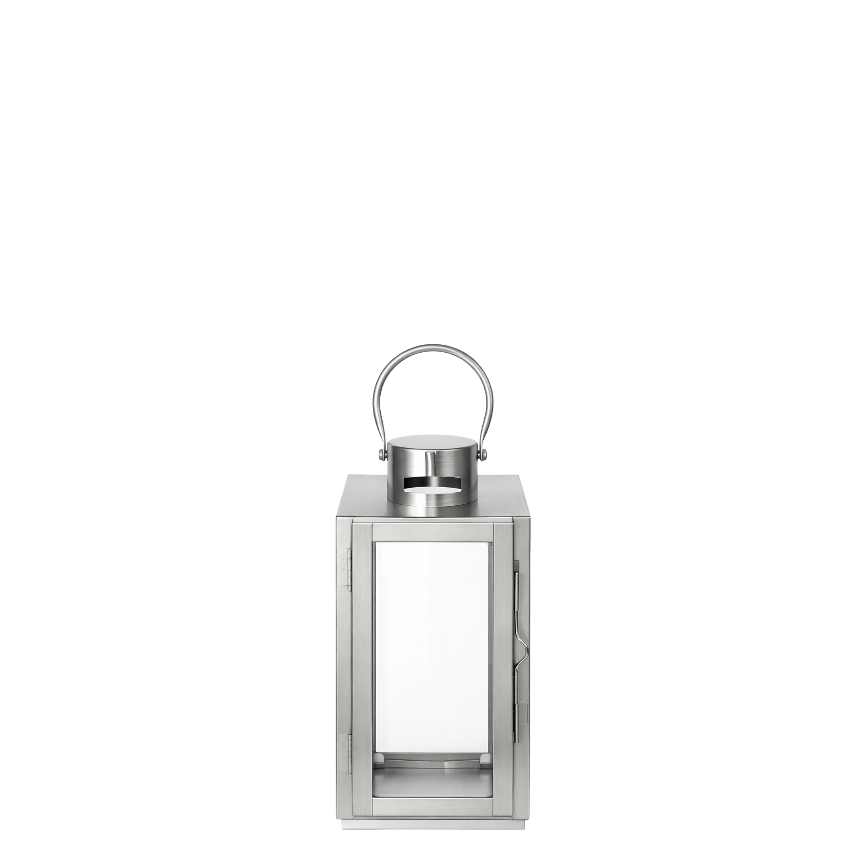 Lanterne en métal brillant argenté avec anse arrondie, dessus plat et avec fenêtre en verre transparent