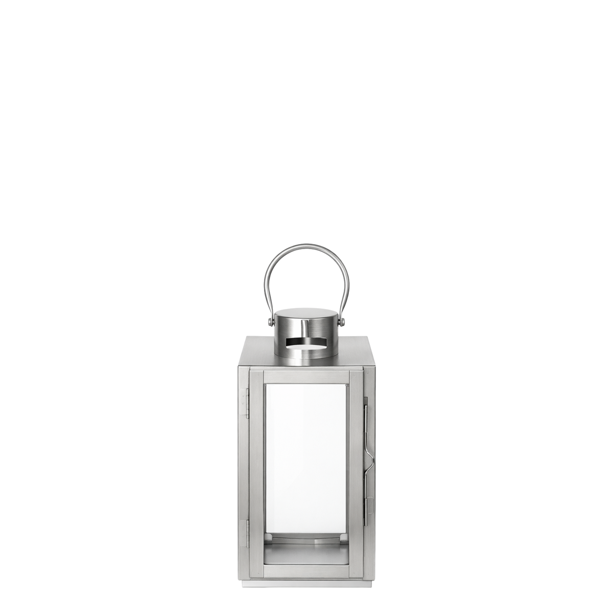 Lanterne en métal brillant argenté avec anse arrondie, dessus plat et avec fenêtre en verre transparent