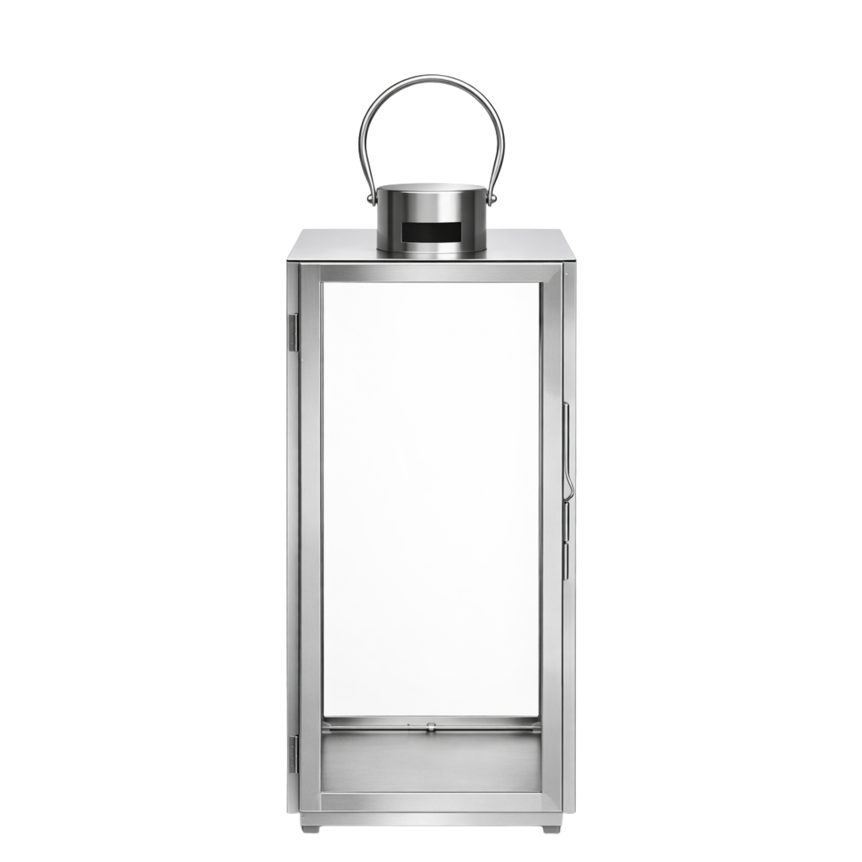 Lanterne en métal brillant argenté avec anse arrondie, dessus plat et avec fenêtre en verre transparent