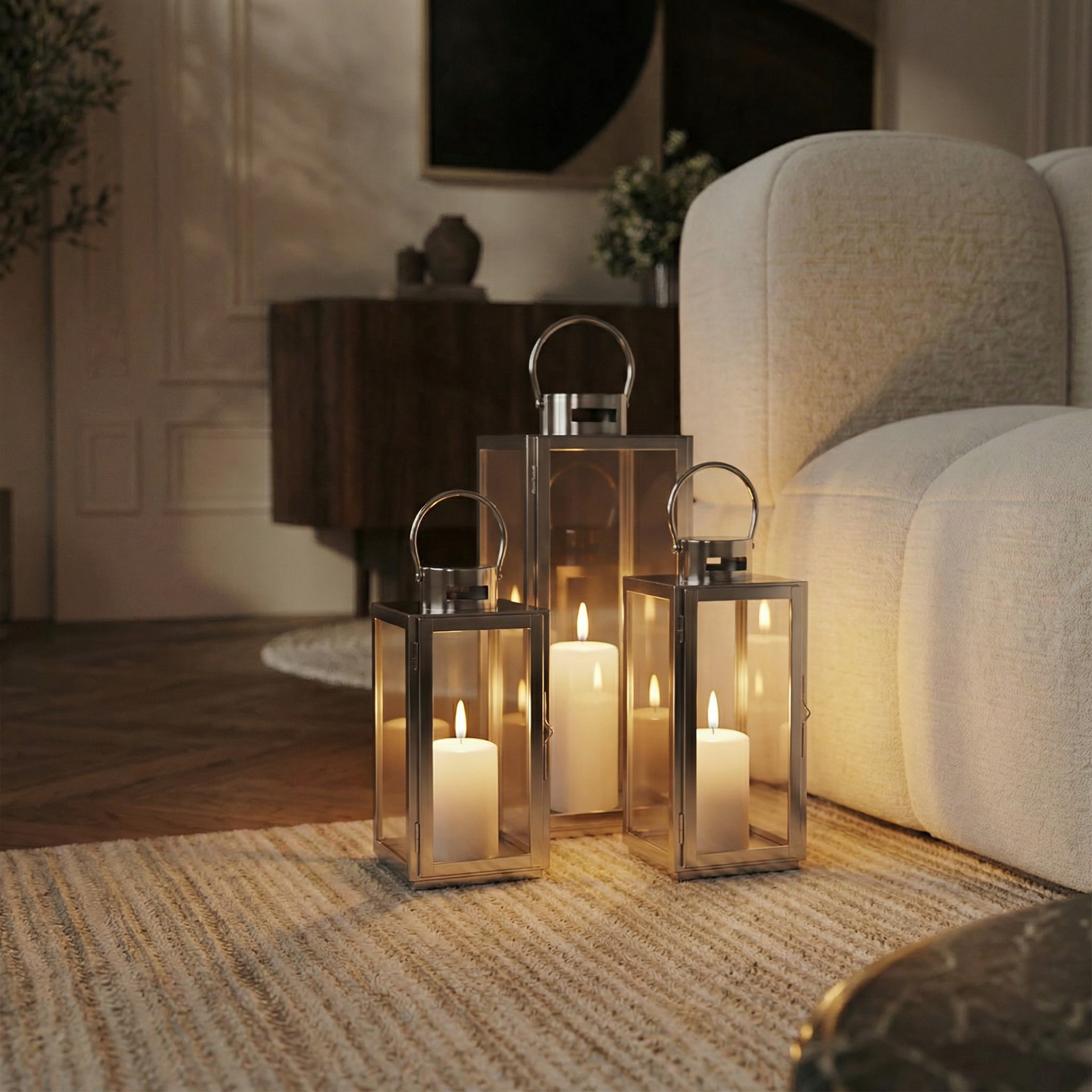 Trois lanternes en métal brillant argenté avec anse arrondie, dessus plat et avec fenêtres transparentes  en verre. Lanternes posées au sol dans un salon moderne à côté d'un canapé blanc. Ambiance tamisée. Trois tailles différentes.