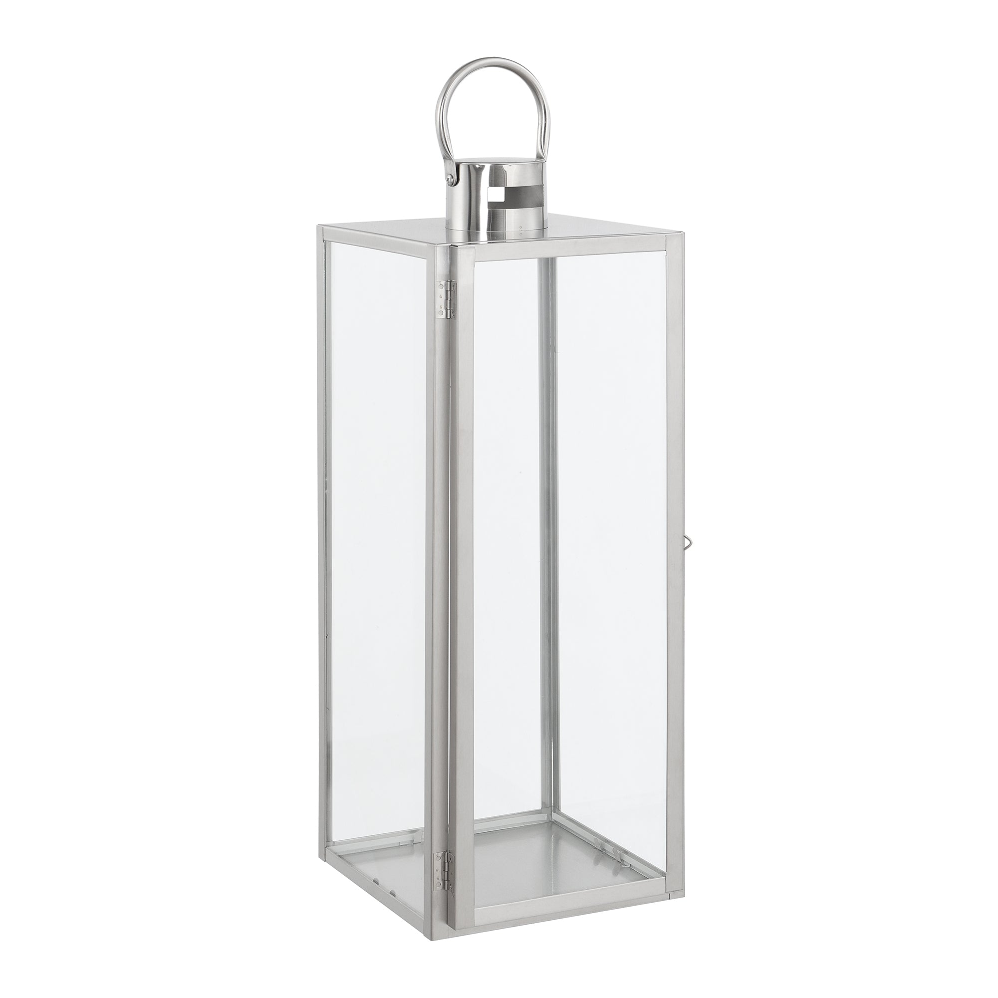 Lanterne en métal brillant argenté avec anse arrondie, dessus plat et avec fenêtre en verre transparent