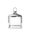 Lanterne large en métal brillant argenté avec anse arrondie, dessus en pente et avec fenêtres transparentes en verre. Acier inoxydable. 