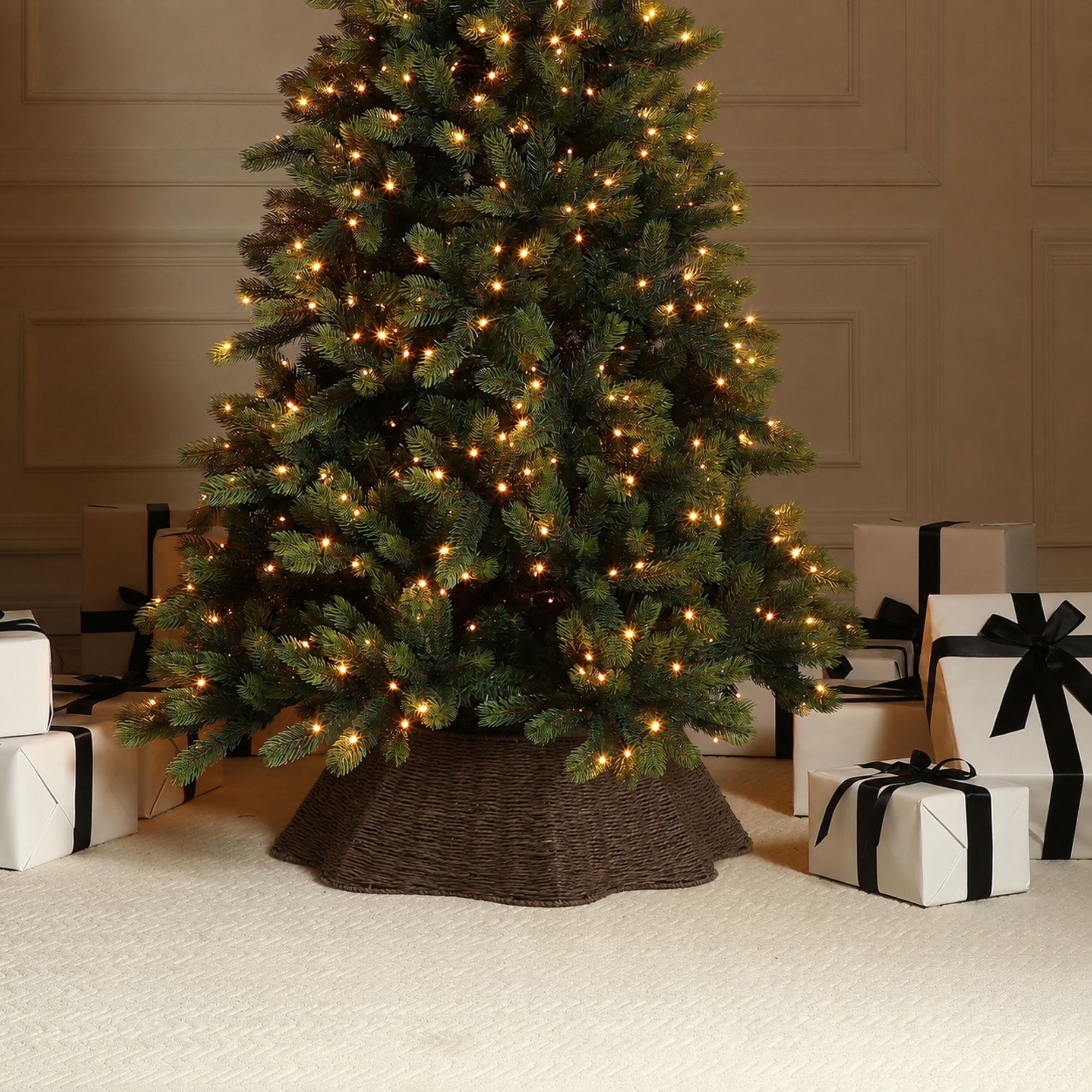 Cache-pied de sapin de Noël ondulé 65 cm, marron, corde de papier