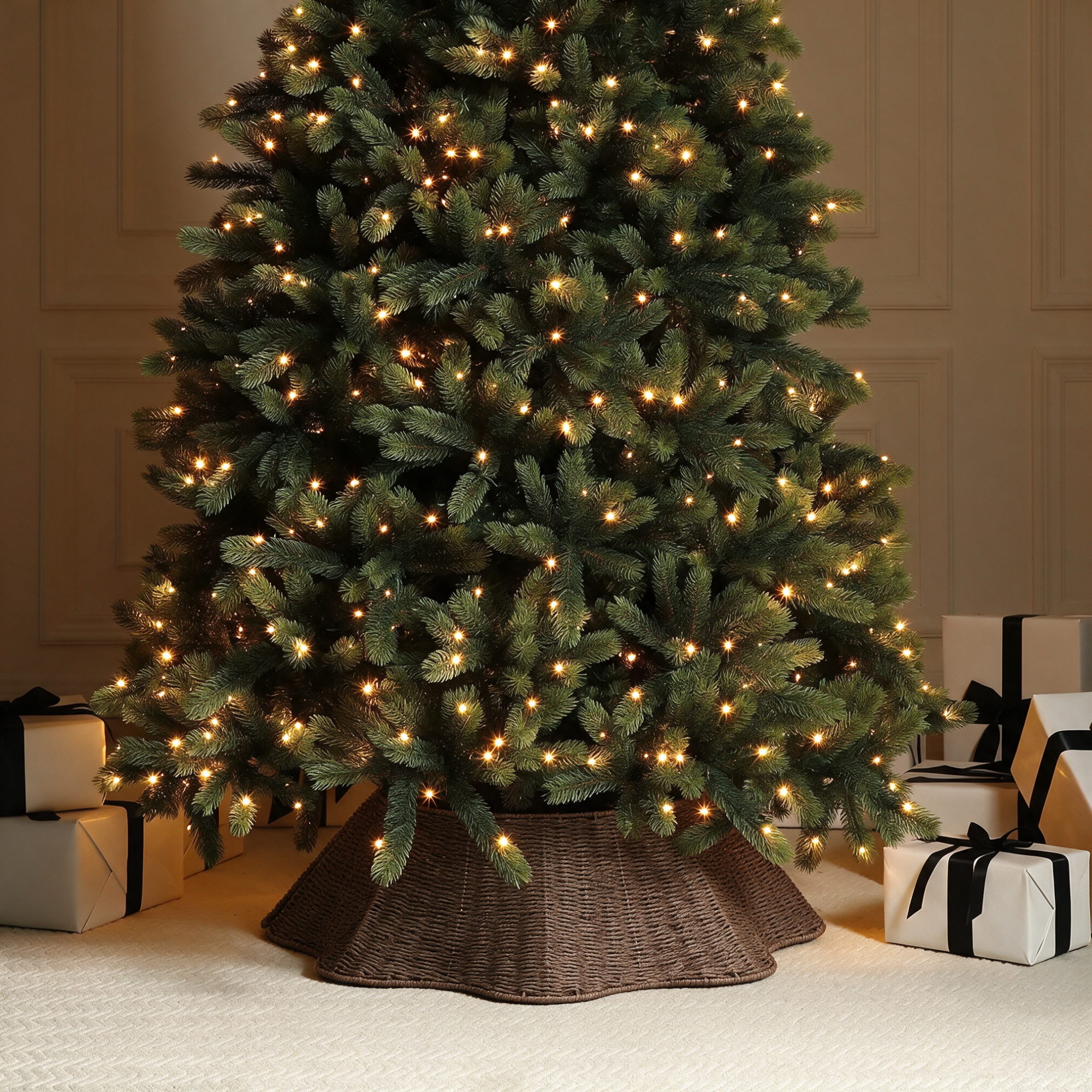 Cache-pied de sapin de Noël ondulé 84 cm, marron, corde de papier
