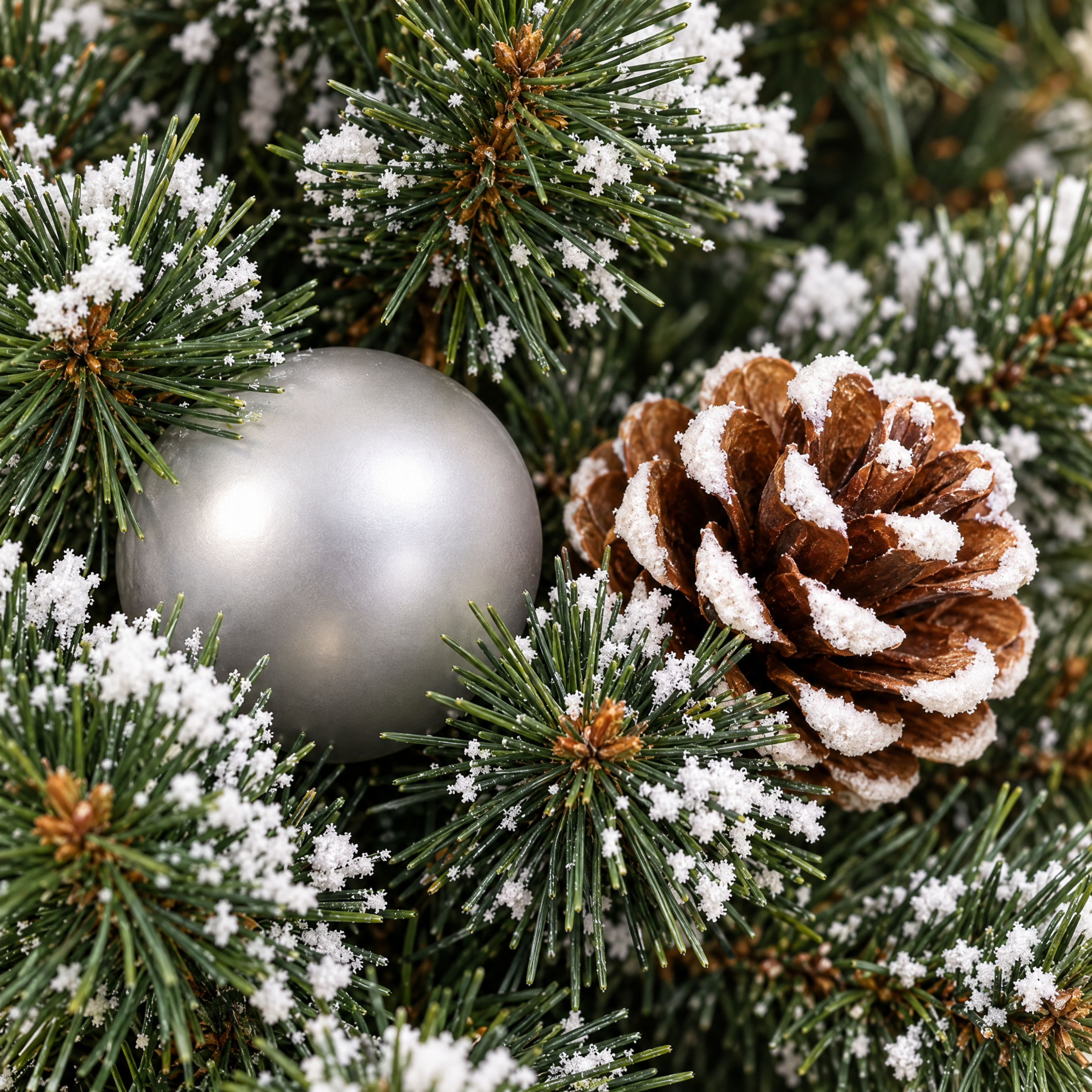 Gros plan sur les aiguilles givrées vertes du sapin de Noël 60 cm, boule argentée et pomme de pin enneigée