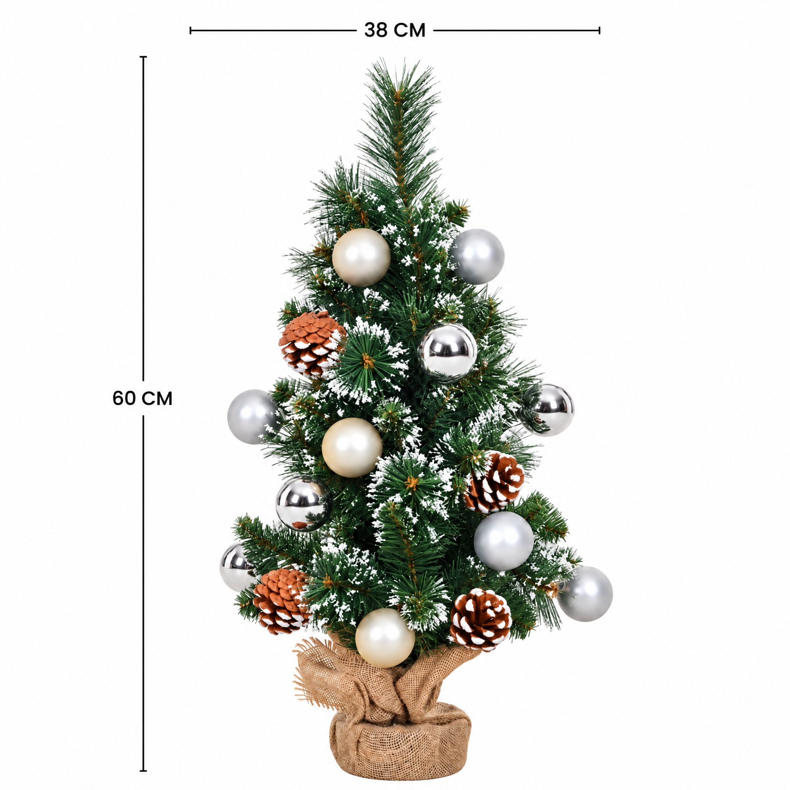 Schéma des dimensions du sapin de Noël décoré vert 60 cm : hauteur 60 cm et diamètre 38 cm