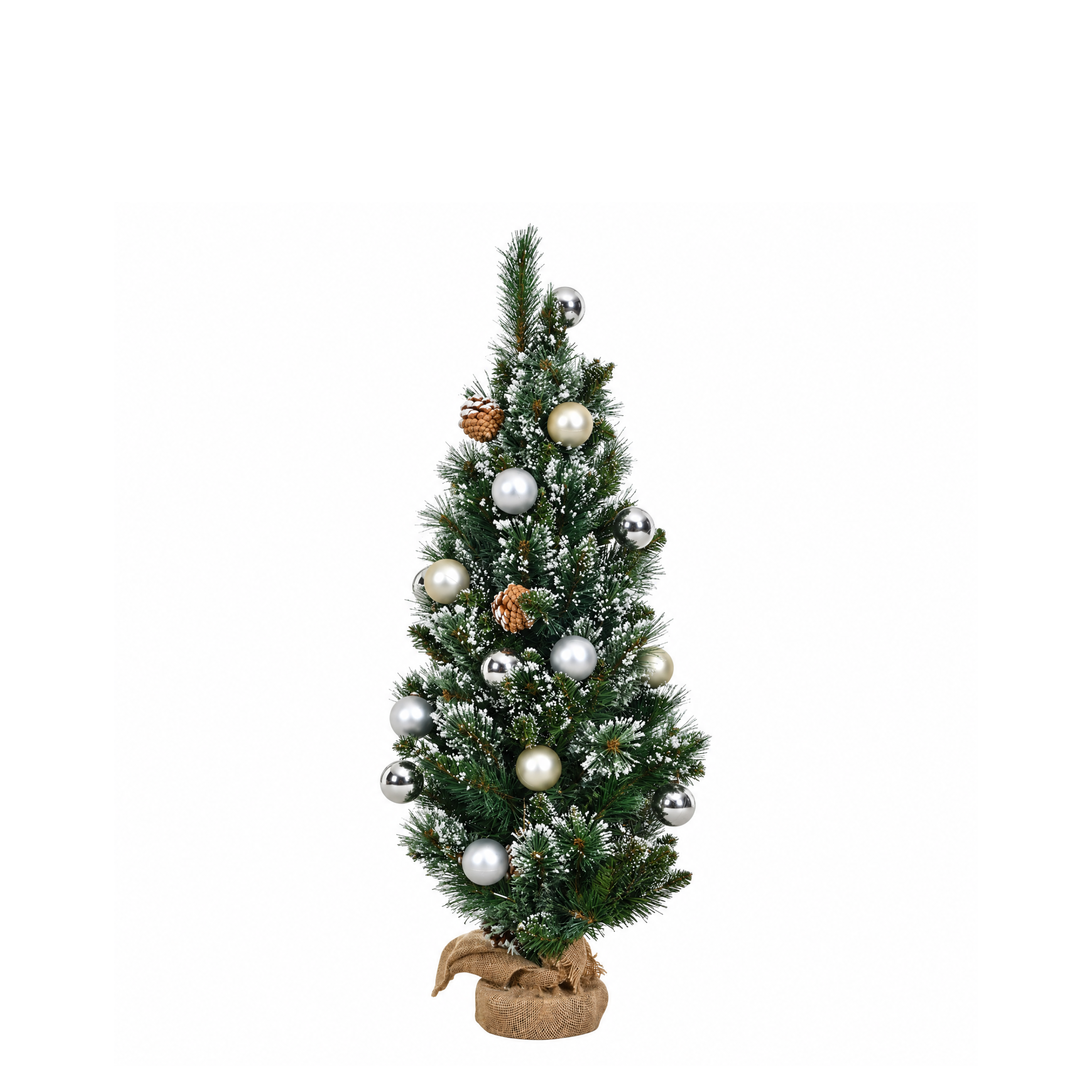 Sapin de Noël artificiel décoré vert 90 cm en PVC et PE, boules dorées et argentées, pommes de pin et base en jute
