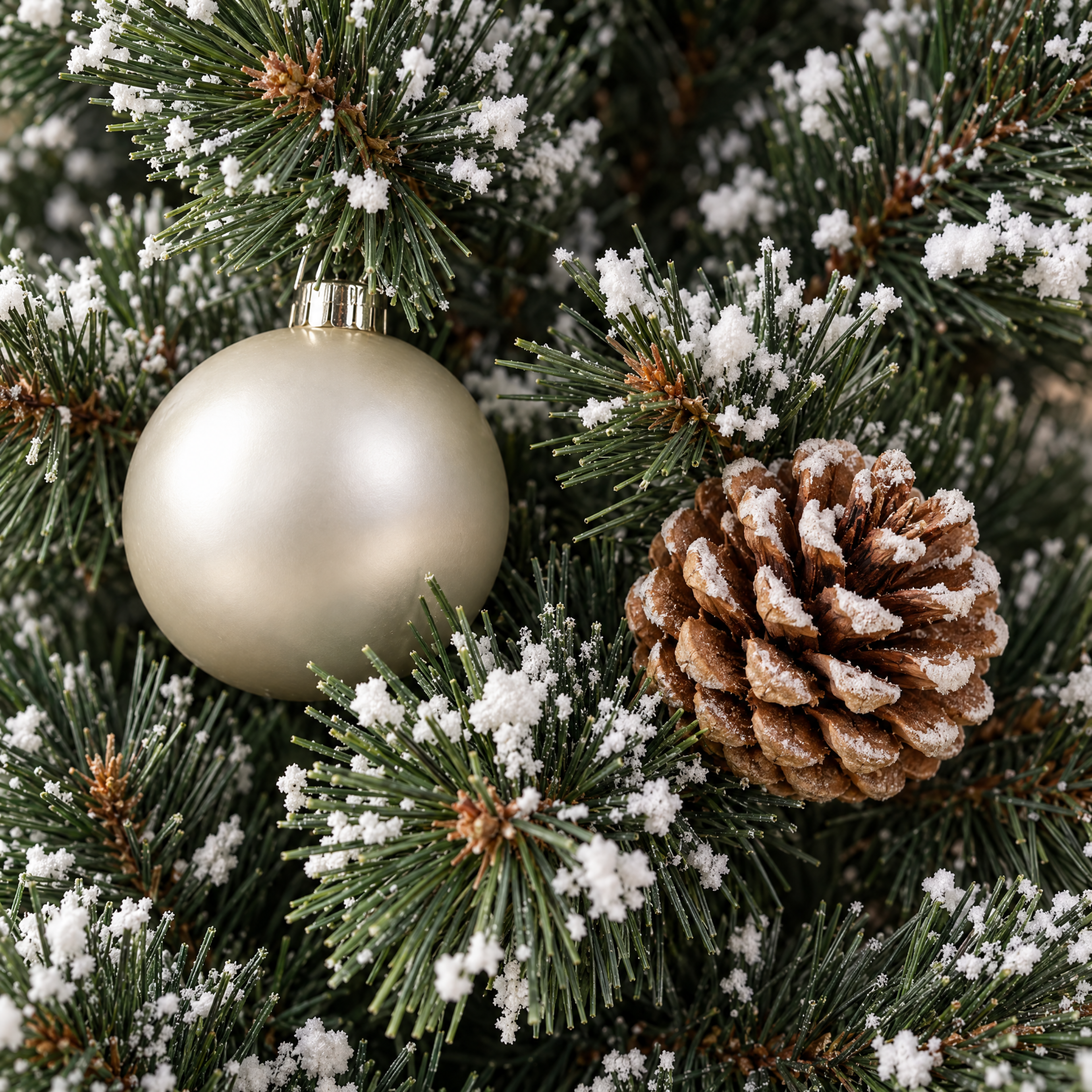 Gros plan sur les aiguilles givrées vertes du sapin de Noël 90 cm, boule nacrée et pomme de pin enneigée