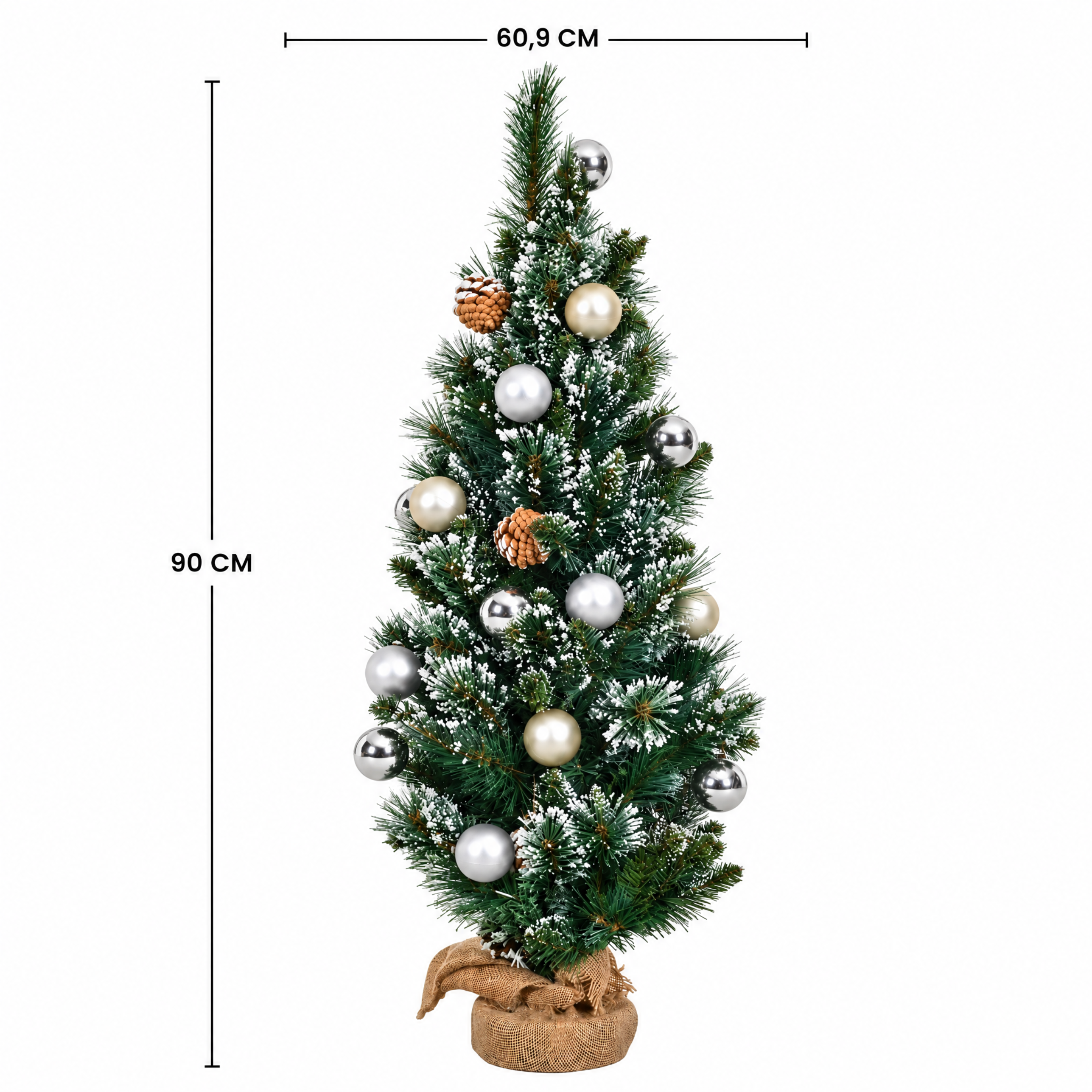 Schéma des dimensions du sapin de Noël décoré vert 90 cm : hauteur 90 cm et diamètre 60,9 cm