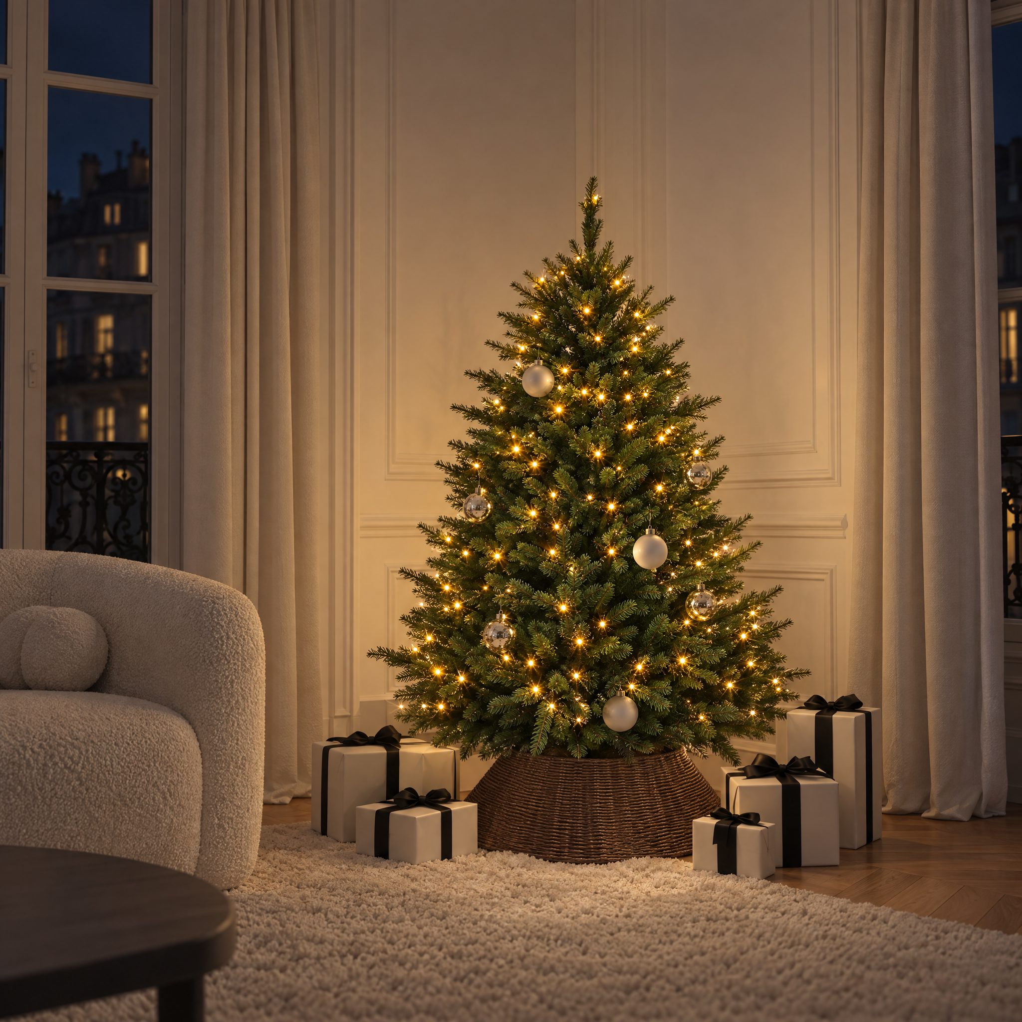 Sapin de Noël lumineux Fluffy vert 150 cm allumé dans un salon contemporain avec cadeaux au pied