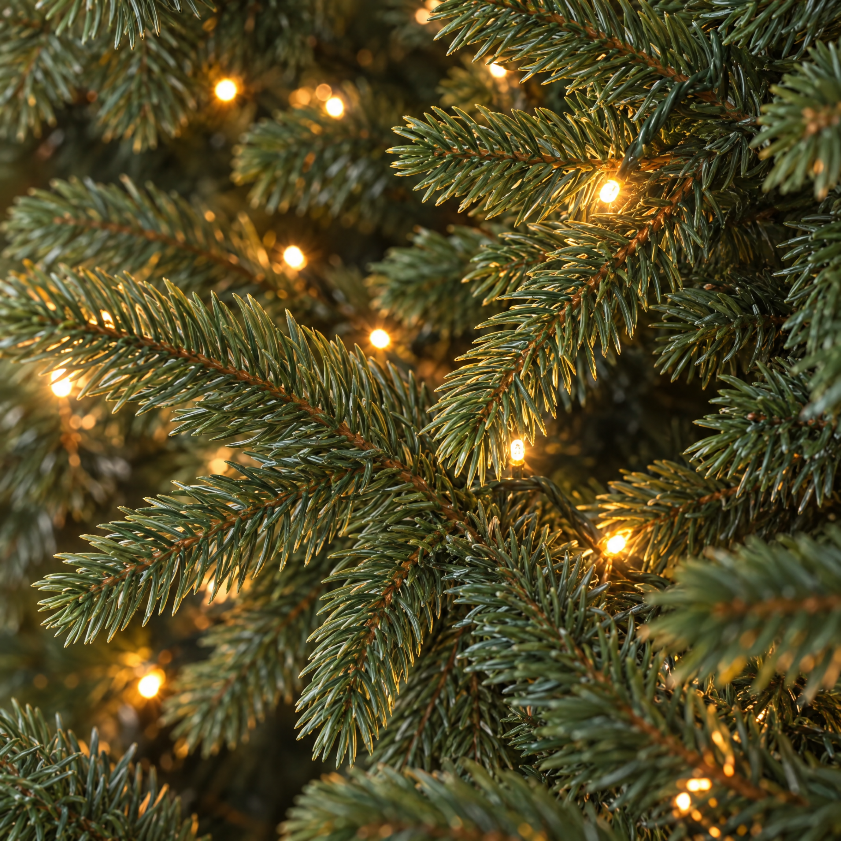 Détail des aiguilles en PE et des LED blanc chaud intégrées du sapin de Noël Fluffy vert 150 cm