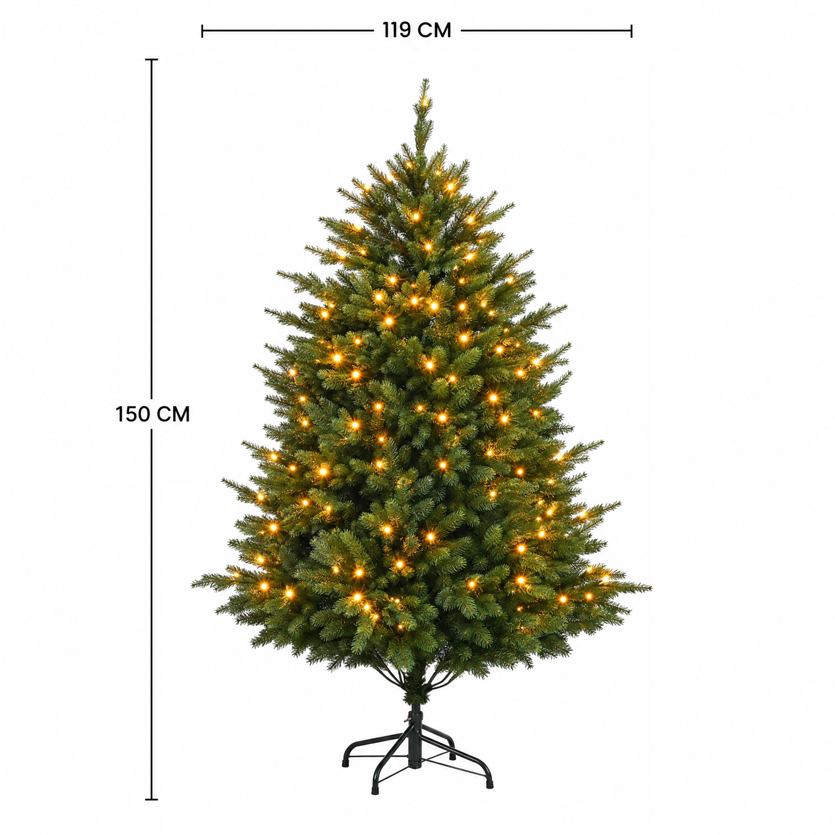 Schéma des dimensions du sapin de Noël Fluffy vert 150 cm : hauteur 150 cm et diamètre 119 cm