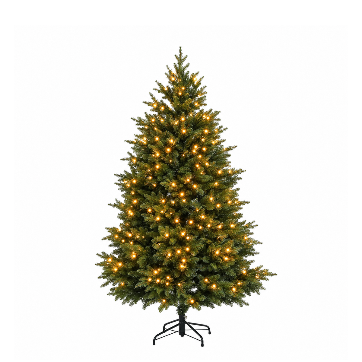 Sapin de Noël artificiel lumineux Fluffy vert 180 cm en PE avec 350 LED blanc chaud et socle métallique