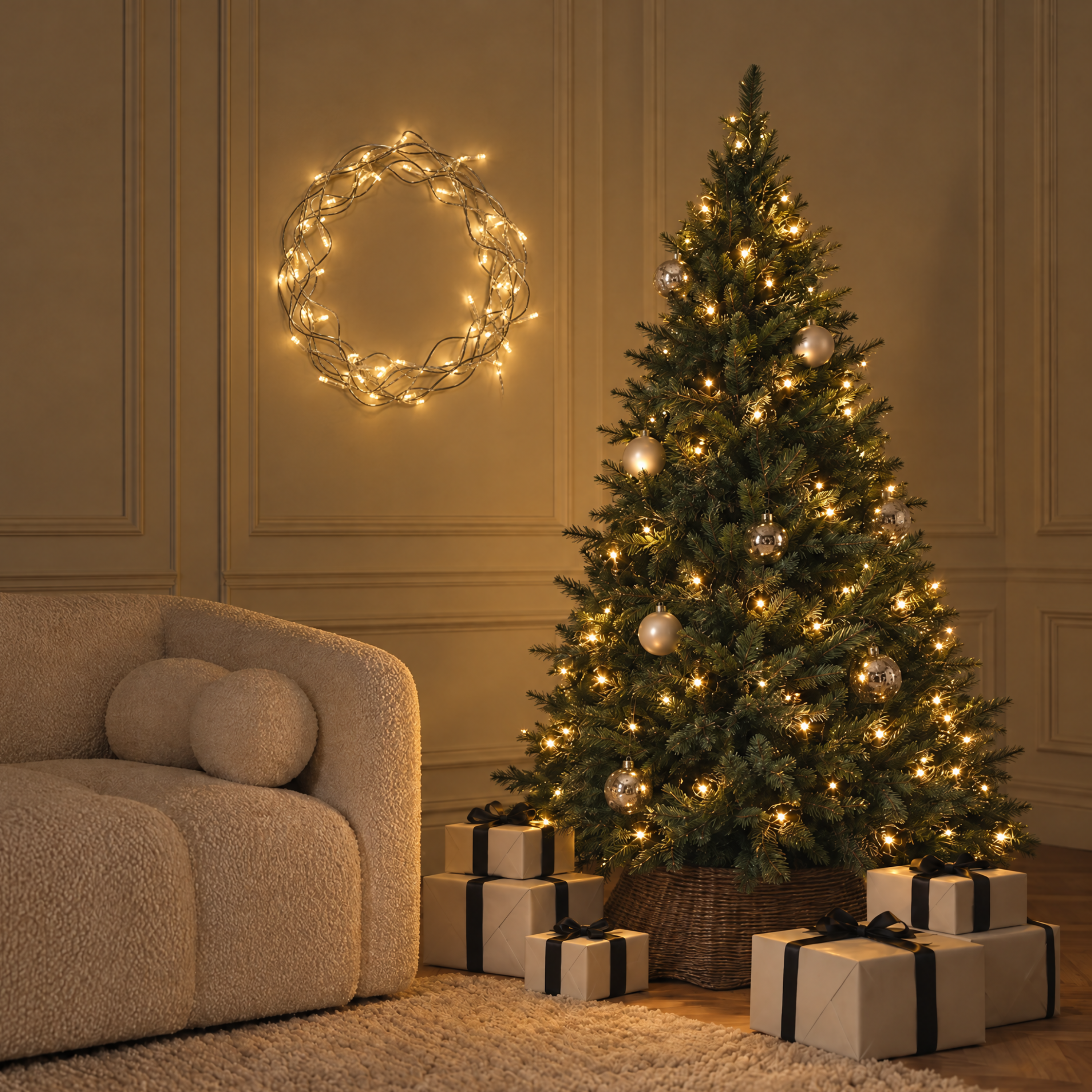 Sapin de Noël lumineux Fluffy vert 180 cm allumé dans un salon avec cadeaux et couronne lumineuse