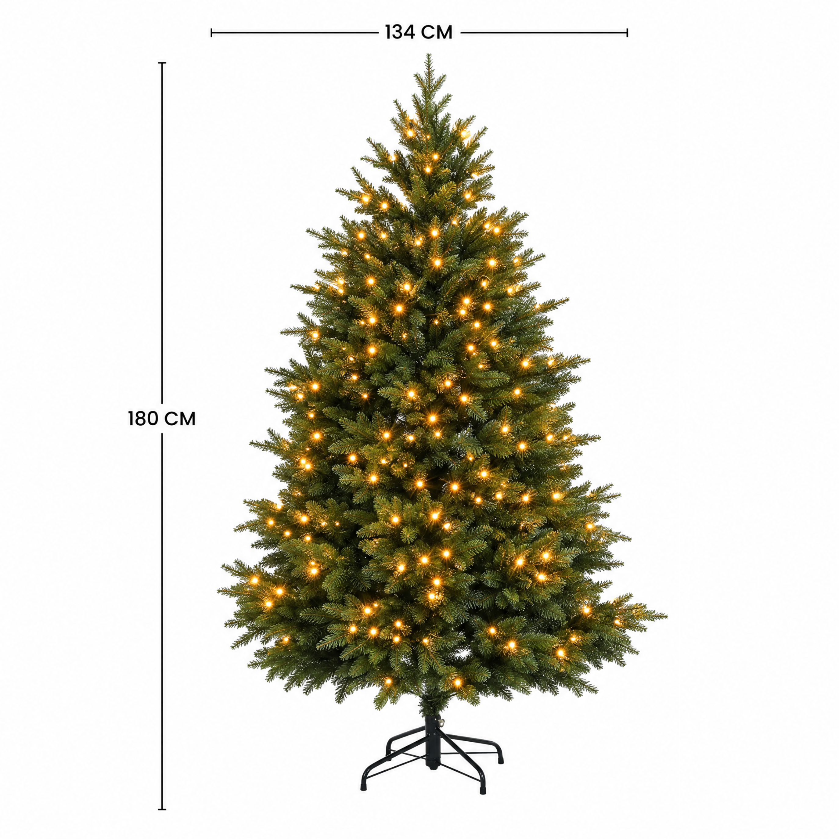 Schéma des dimensions du sapin de Noël Fluffy vert 180 cm : hauteur 180 cm et diamètre 134 cm