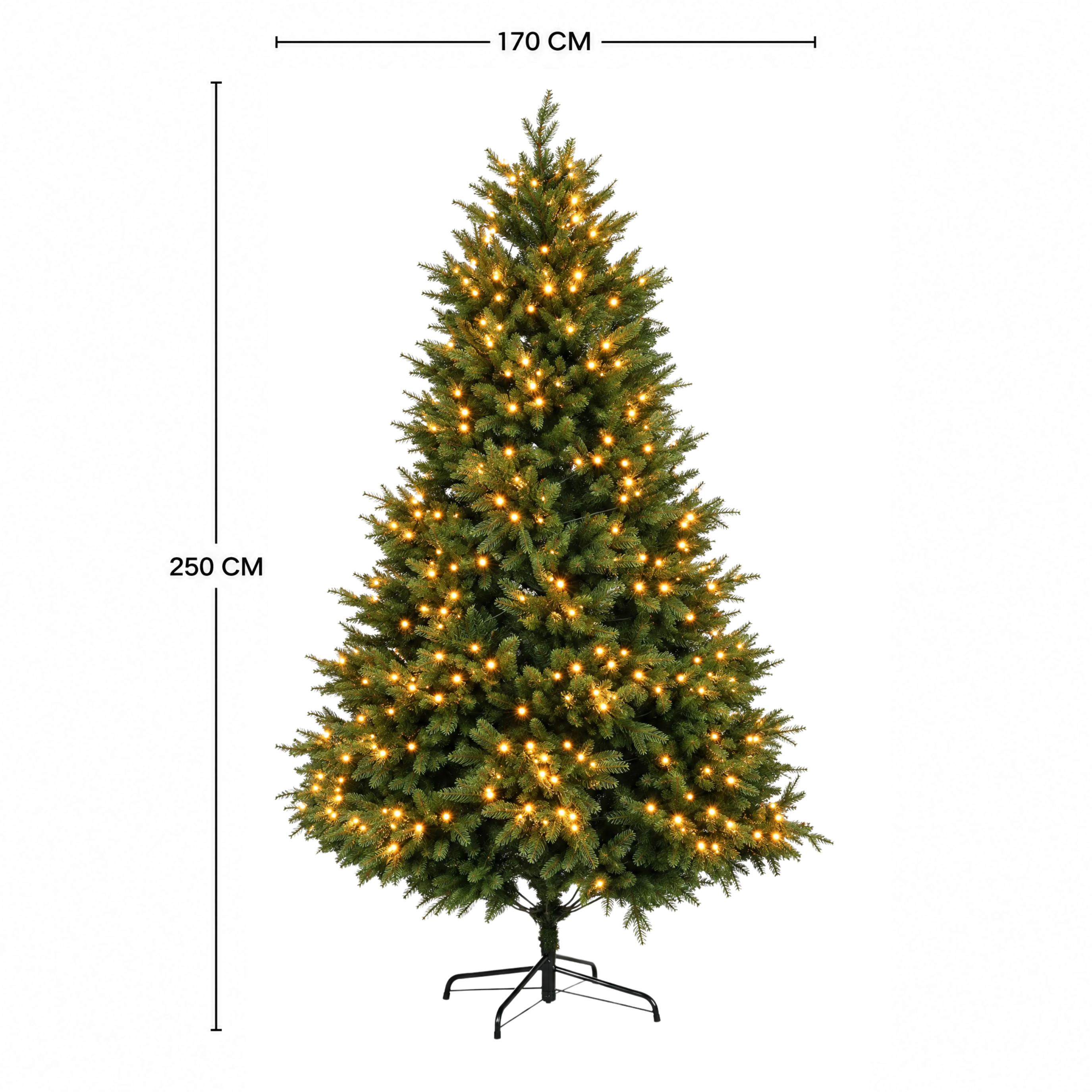 Schéma des dimensions du sapin de Noël Fluffy vert 250 cm : hauteur 250 cm et diamètre 170 cm