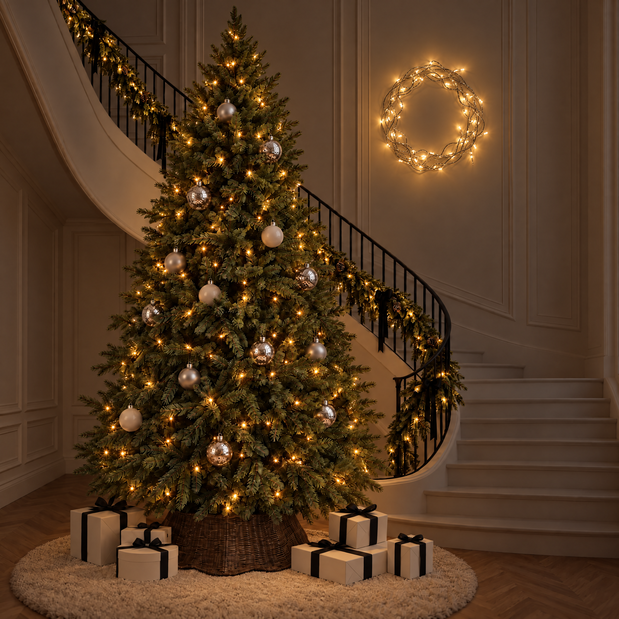 Sapin de Noël lumineux Fluffy vert 300 cm dans une entrée avec escalier décorée pour Noël